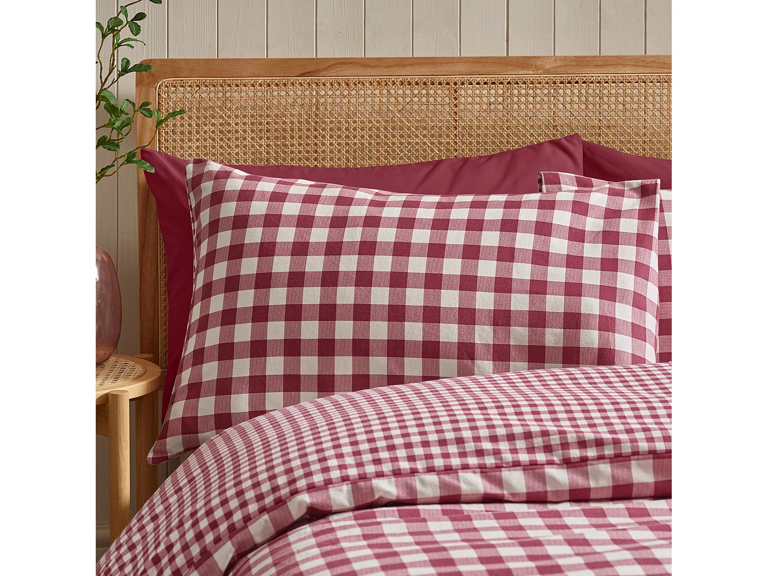 Catherine Lansfield Brushed Cotton Gingham Check Reversible Single Duvet Cover Set with Pillowcase Burgundy