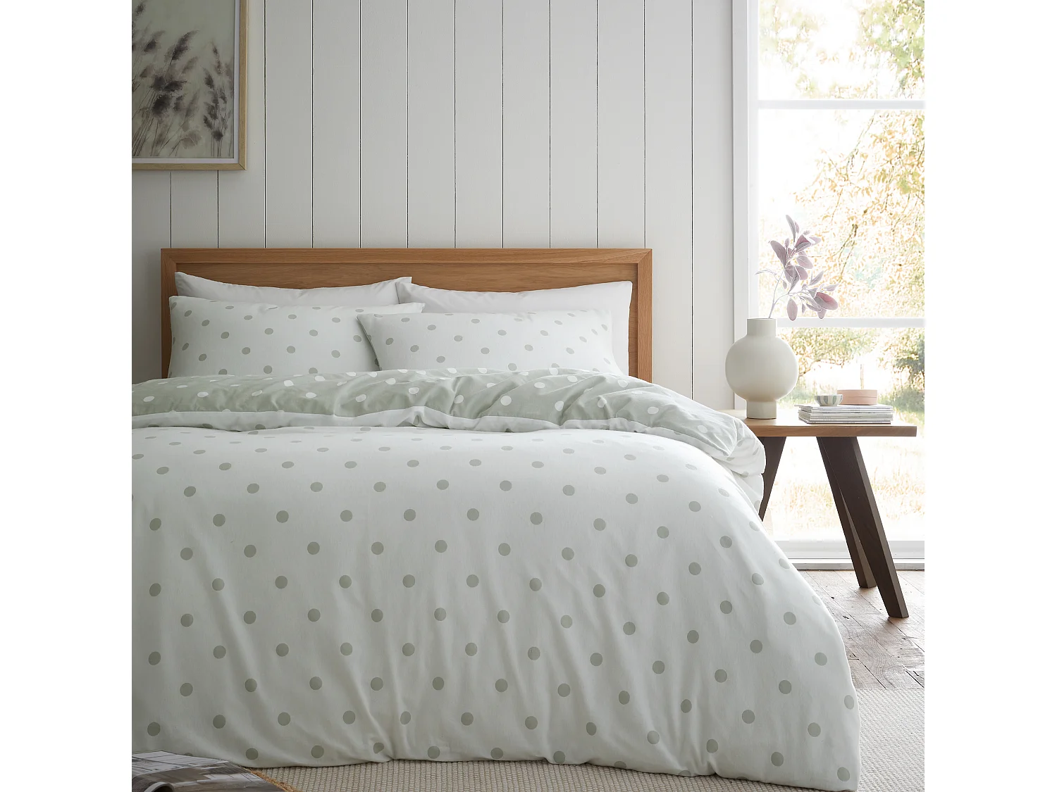 Catherine Lansfield Brushed Cotton Polka Dot Reversible Double Duvet Cover Set with Pillowcases Green