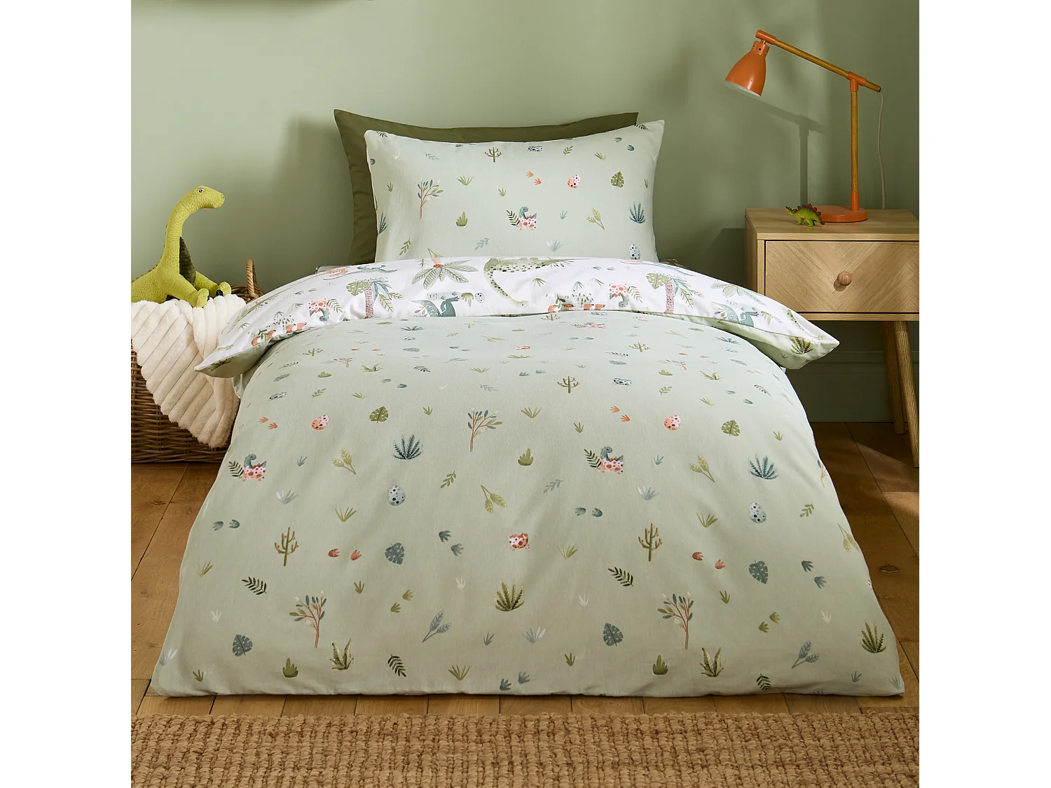 Catherine Lansfield Brushed Cotton Sleepy Saurus Dino Reversible Junior Duvet Cover Set with Pillowcase Cream