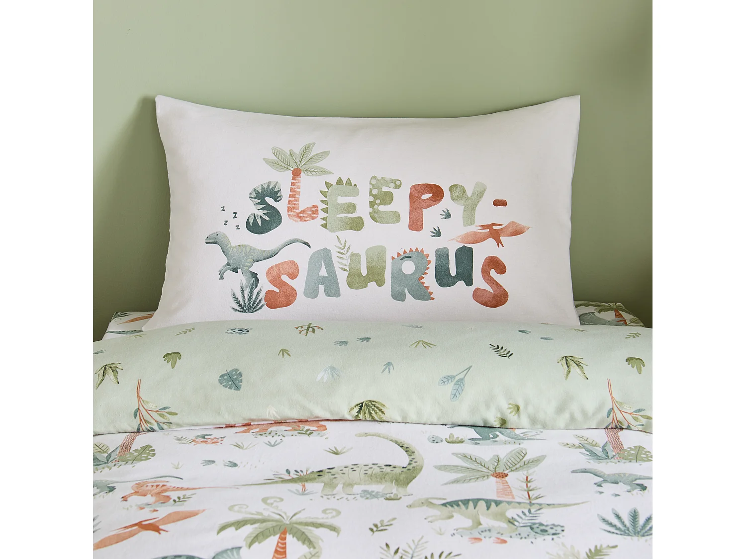 Catherine Lansfield Brushed Cotton Sleepy Saurus Dino Reversible Junior Duvet Cover Set with Pillowcase Cream