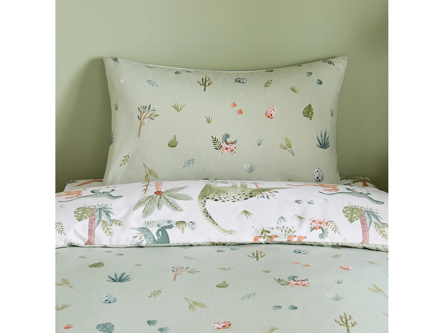 Catherine Lansfield Brushed Cotton Sleepy Saurus Dino Reversible Junior Duvet Cover Set with Pillowcase Cream