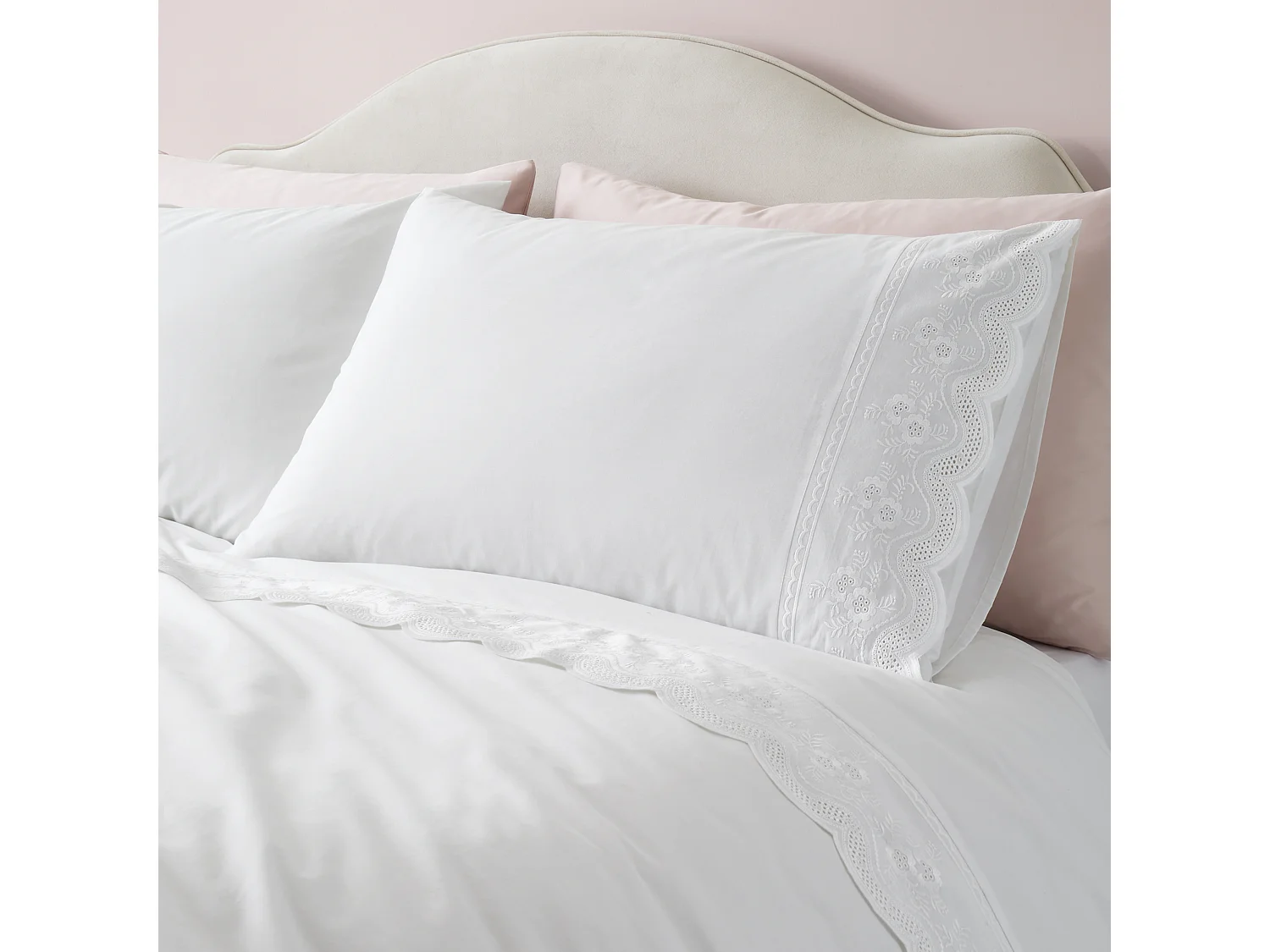 Bianca Fine Linens Elise Lace 200 Thread Count Cotton Double Duvet Cover Set with Pillowcases White