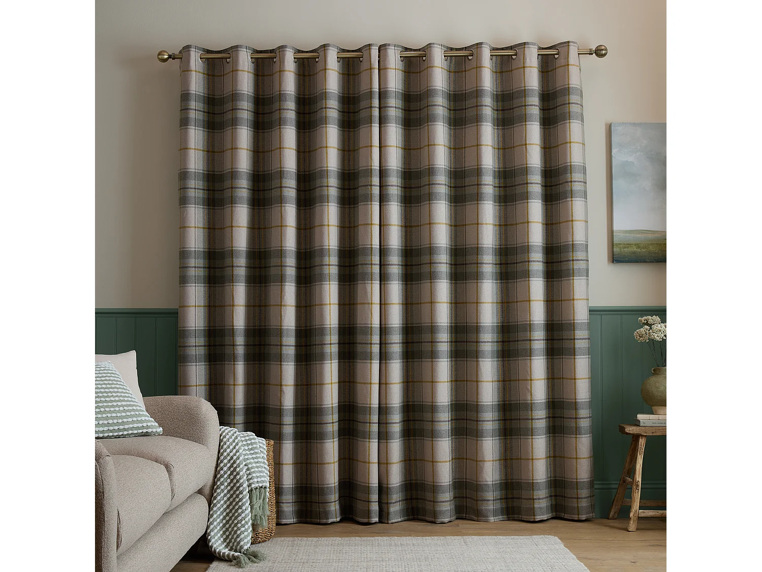 Catherine Lansfield Brushed Woven Glencoe Check Thermal 46x54 Inch Eyelet Curtains Two Panels Green