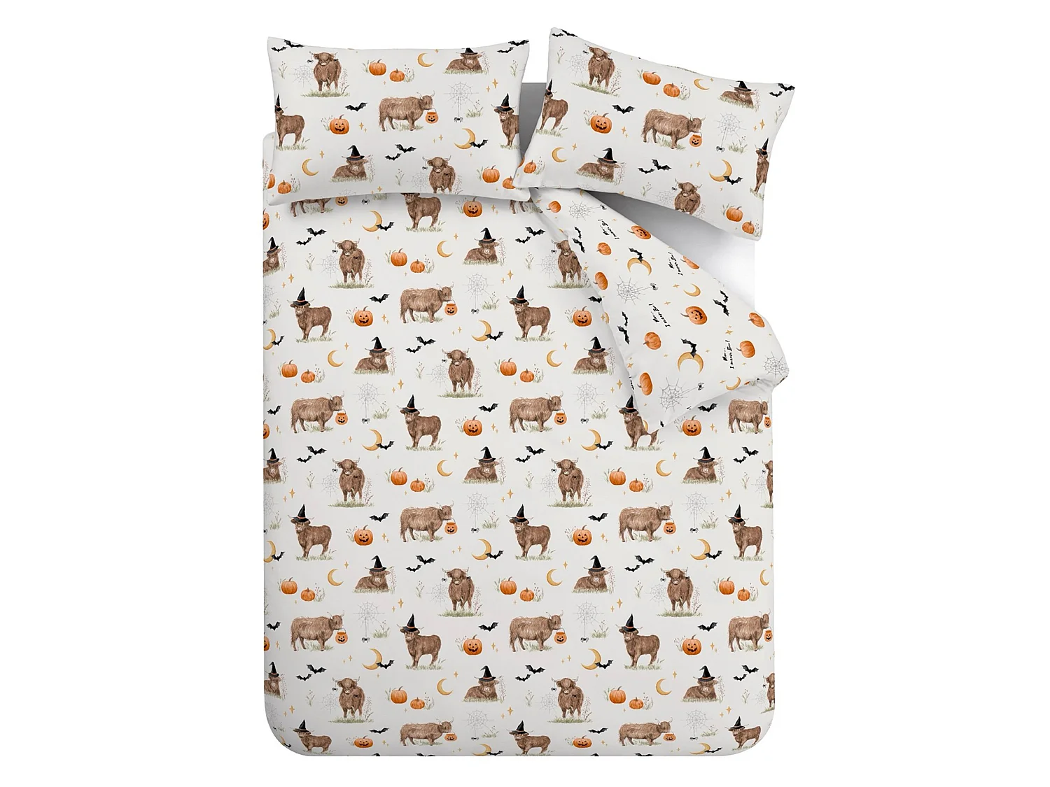 Catherine Lansfield Halloween Highland Cow Reversible Double Duvet Cover Set with Pillowcases Natural