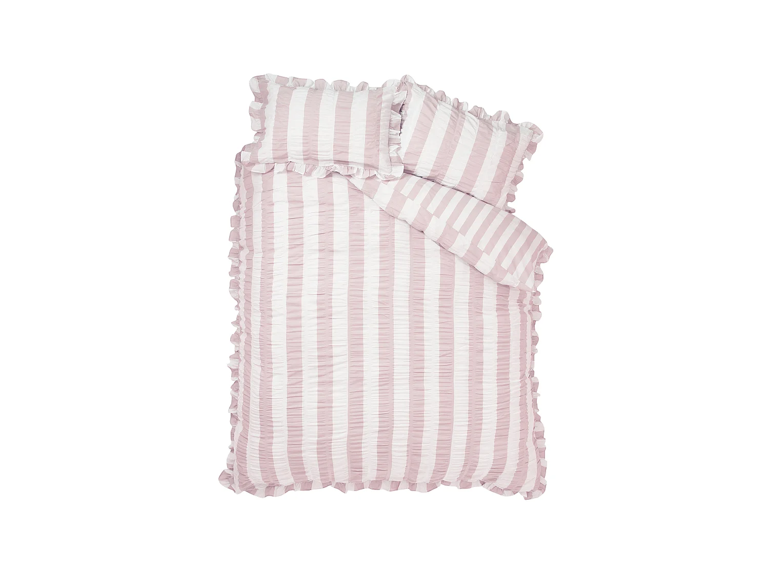 Catherine Lansfield Seersucker Frill Stripe King Duvet Cover Set with Pillowcases Pink