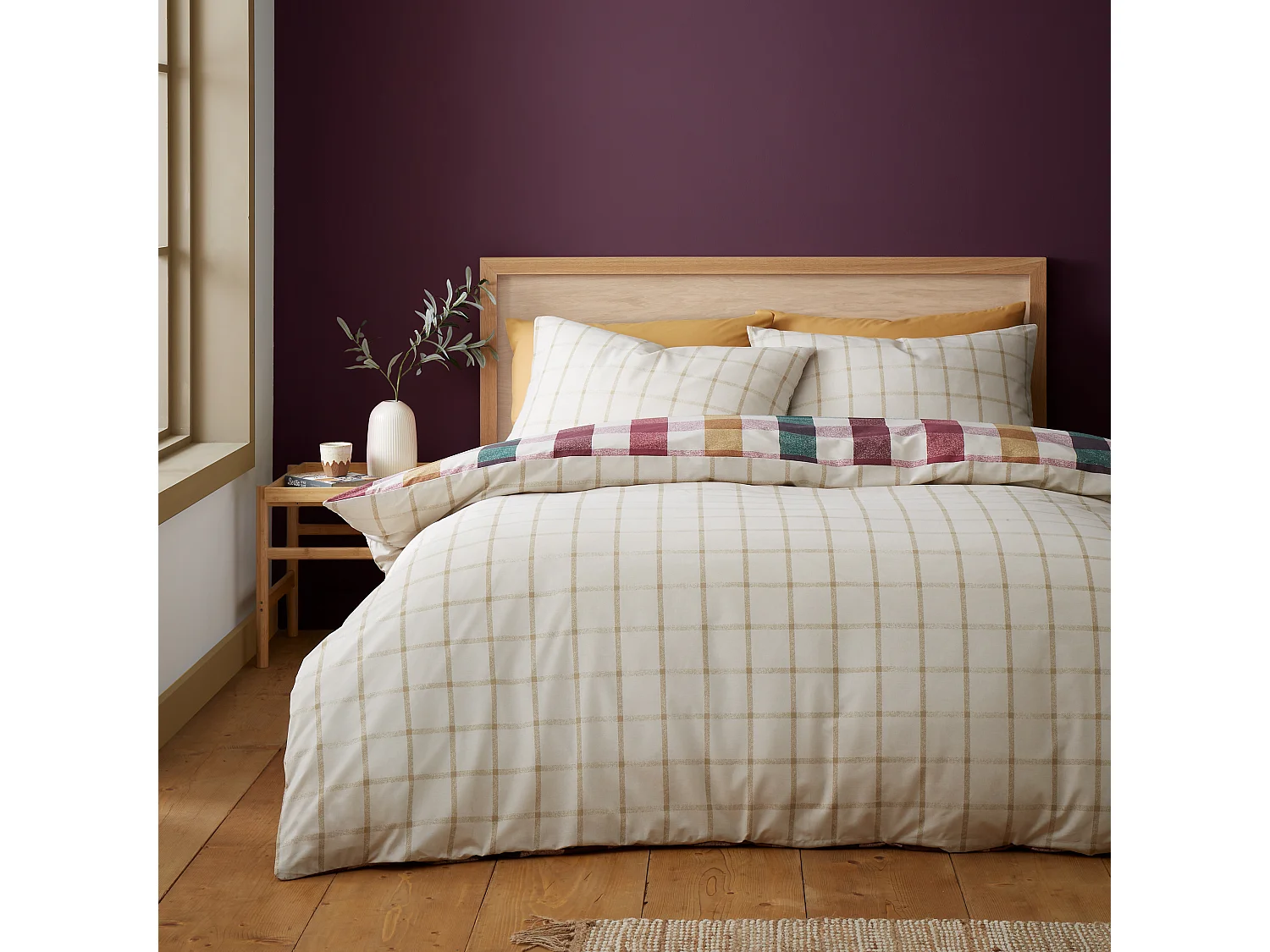 Catherine Lansfield Autumn Check Reversible Double Duvet Cover Set with Pillowcases Natural Plum