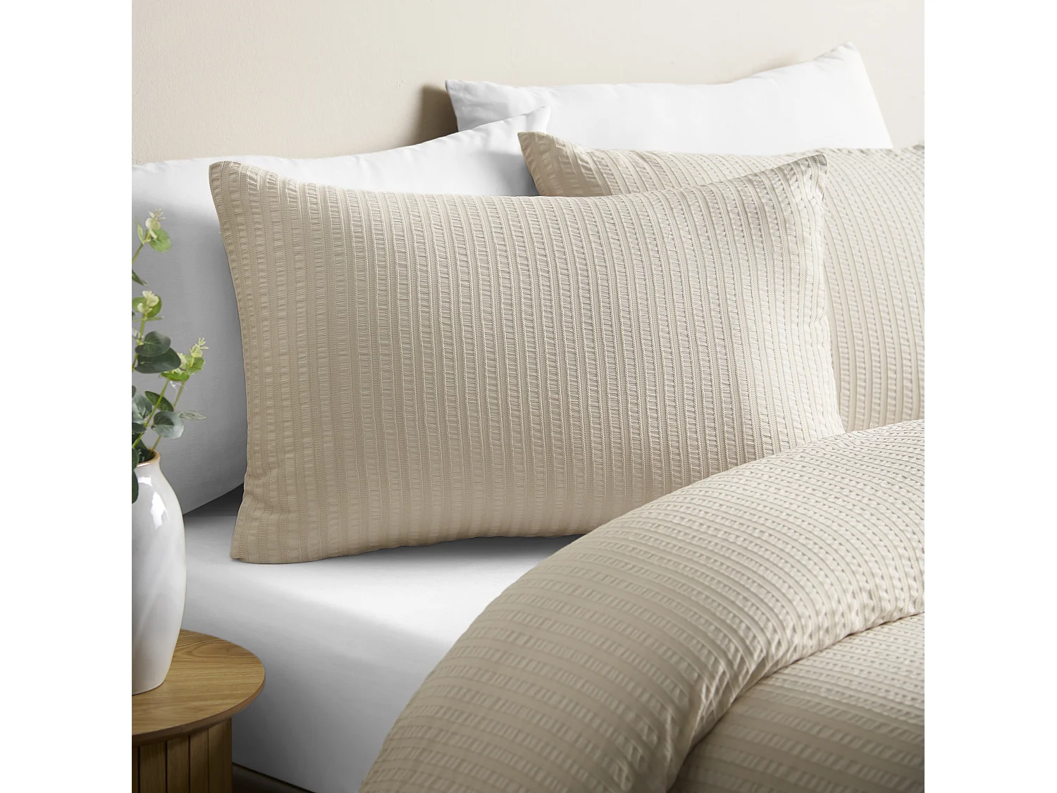 Catherine Lansfield Stripe Seersucker Super King Duvet Cover Set with Pillowcases Natural