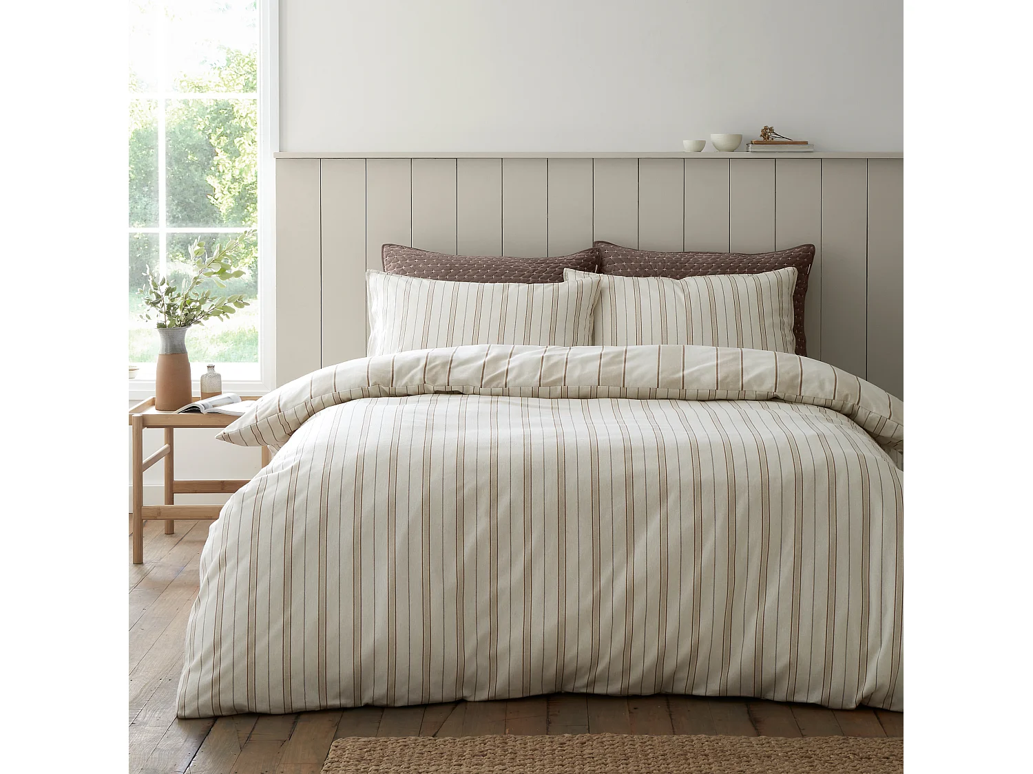 Bianca Fine Linens Brushed Cotton Regal Stripe Reversible Single Duvet Cover Set with Pillowcase Natural