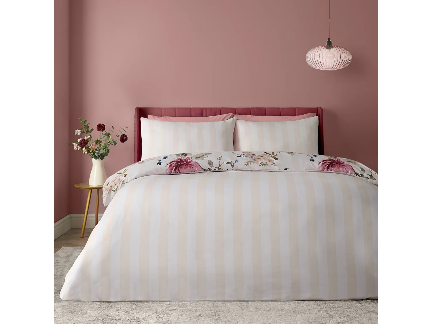 Catherine Lansfield Floral Stripe So Soft Reversible King Duvet Cover Set with Pillowcases Cream
