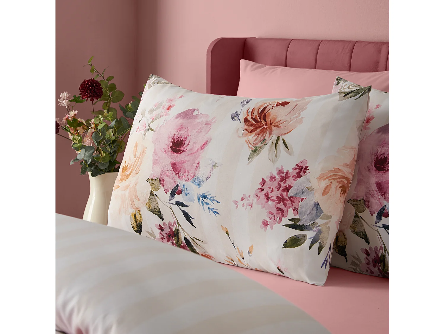Catherine Lansfield Floral Stripe So Soft Reversible King Duvet Cover Set with Pillowcases Cream
