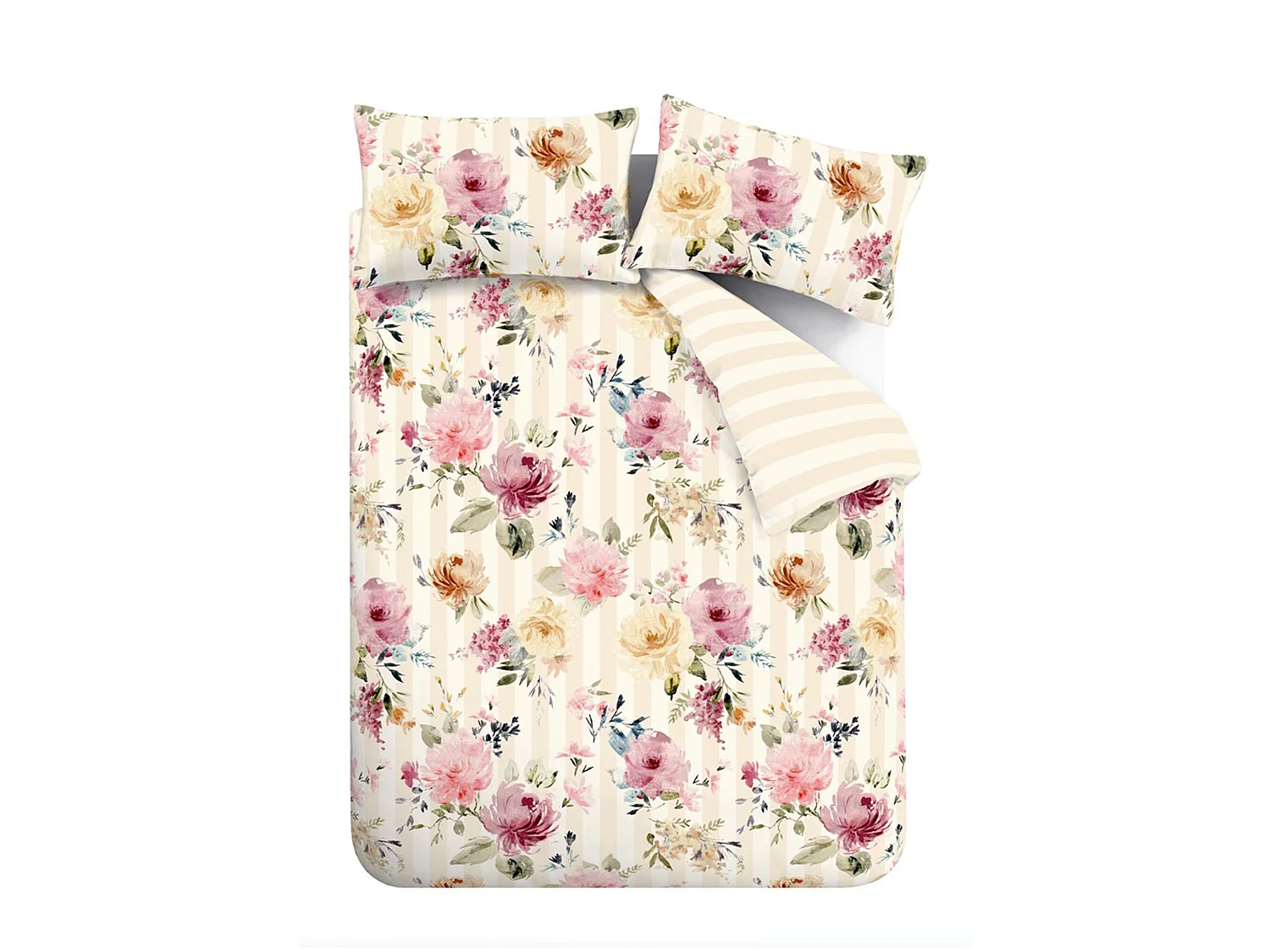 Catherine Lansfield Floral Stripe So Soft Reversible King Duvet Cover Set with Pillowcases Cream