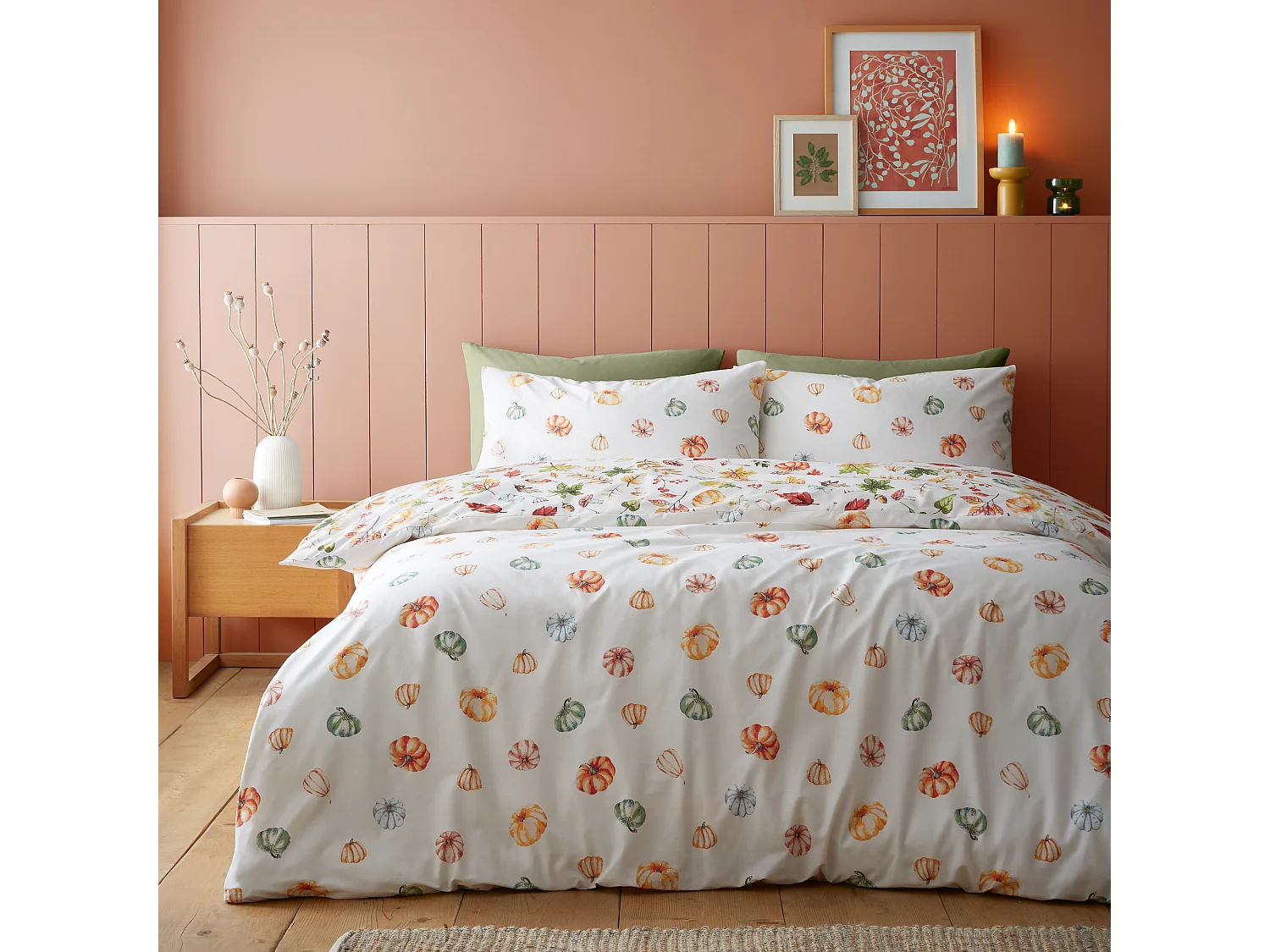 Catherine Lansfield Autumn Pumpkins Reversible King Duvet Cover Set with Pillowcases Orange