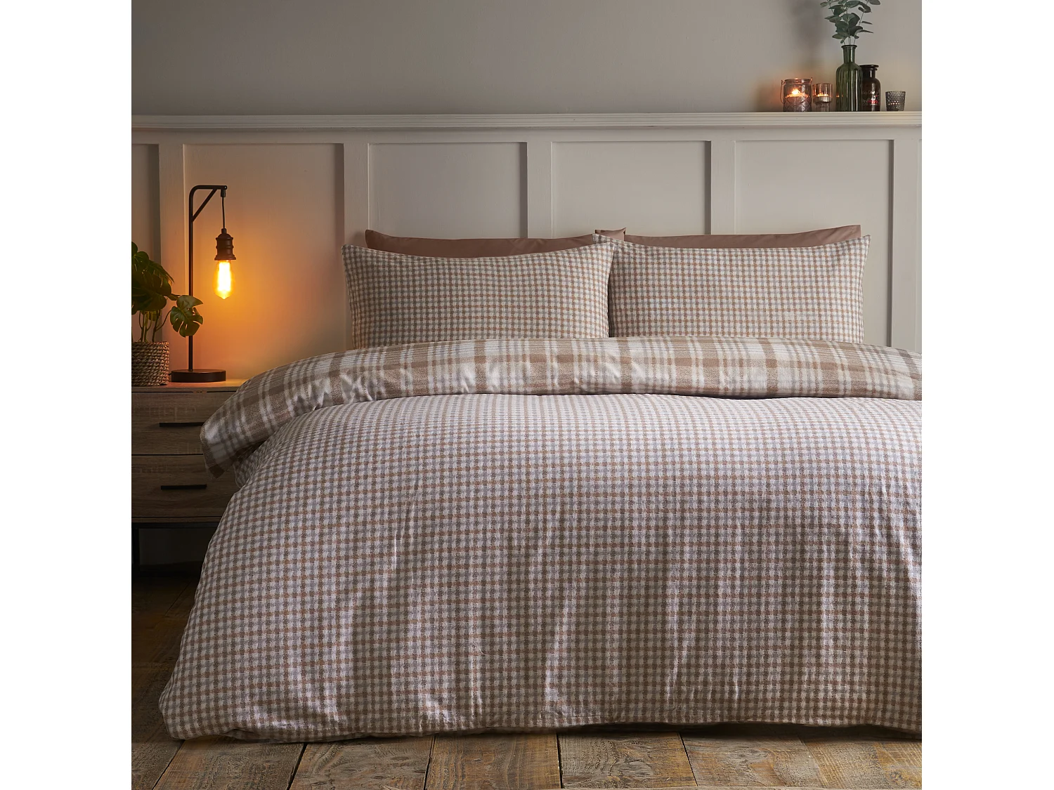 Catherine Lansfield Brushed Cotton Hamish Check Double Duvet Cover Set with Pillowcases Natural