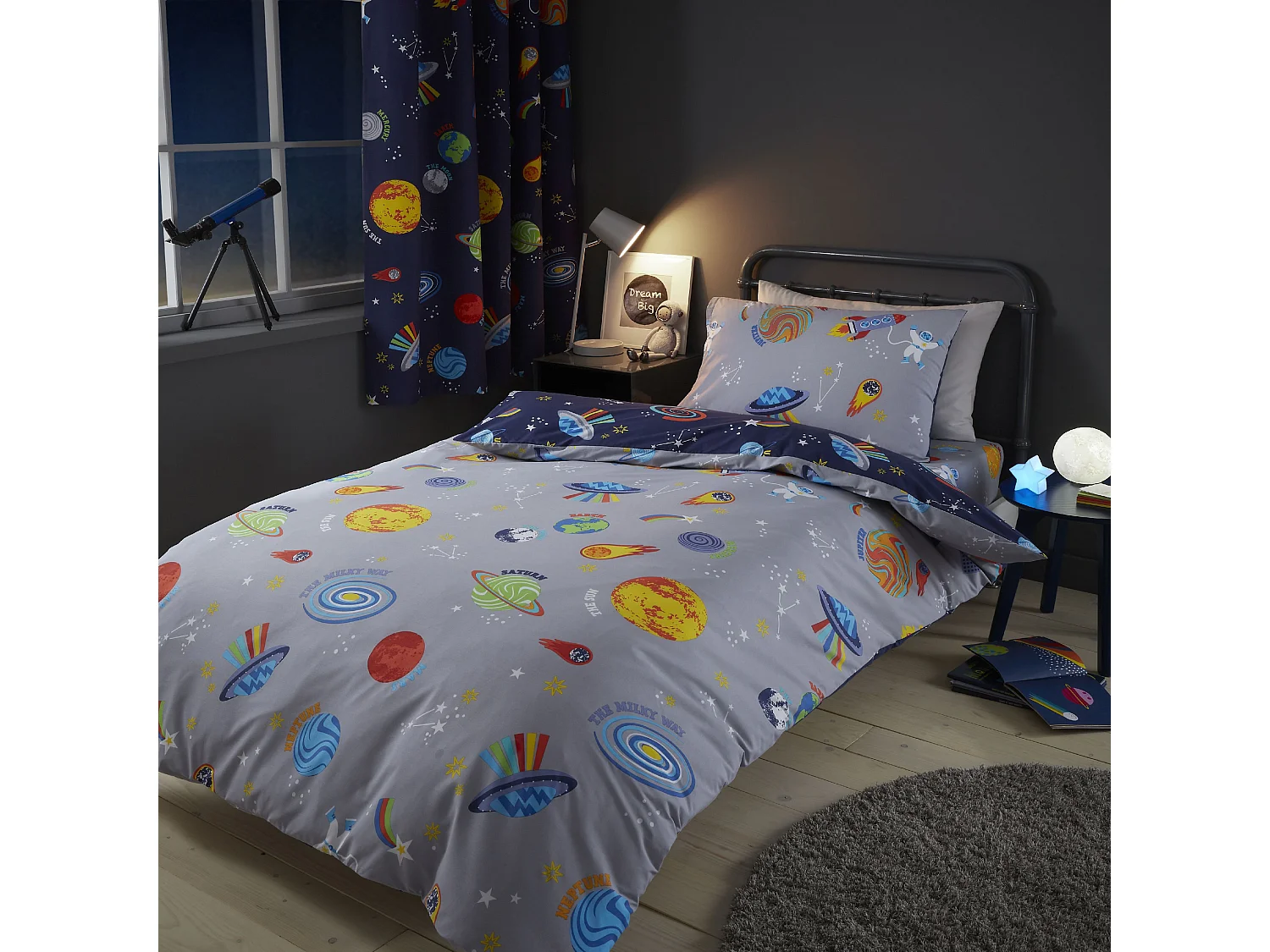 Catherine Lansfield Lost In Space Reversible Double Duvet Cover Set with Pillowcases Navy Blue