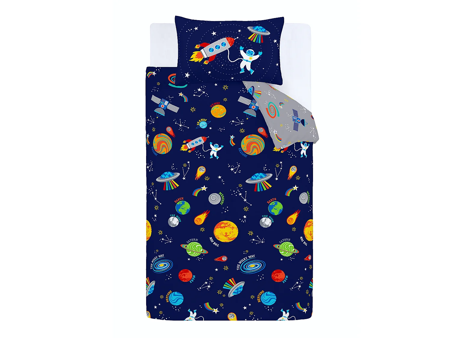 Catherine Lansfield Lost In Space Reversible Double Duvet Cover Set with Pillowcases Navy Blue