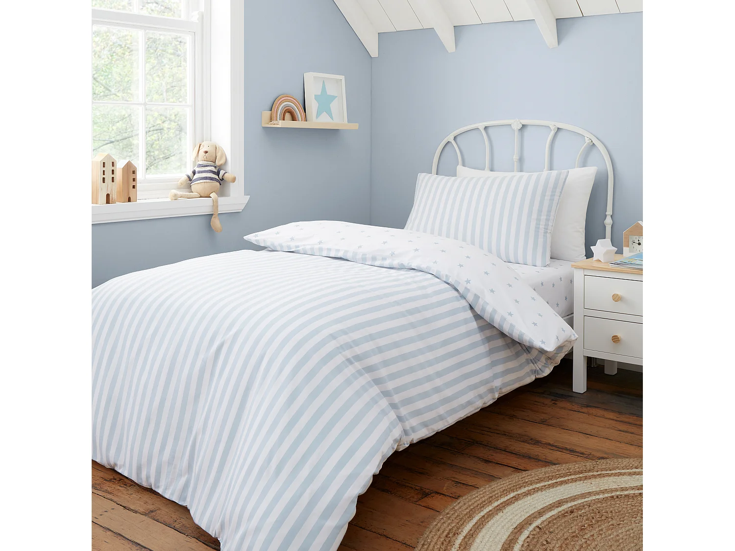 Bianca Fine Linens Mini Star & Stripes Reversible Cotton Single Duvet Cover Set with Pillowcase Blue