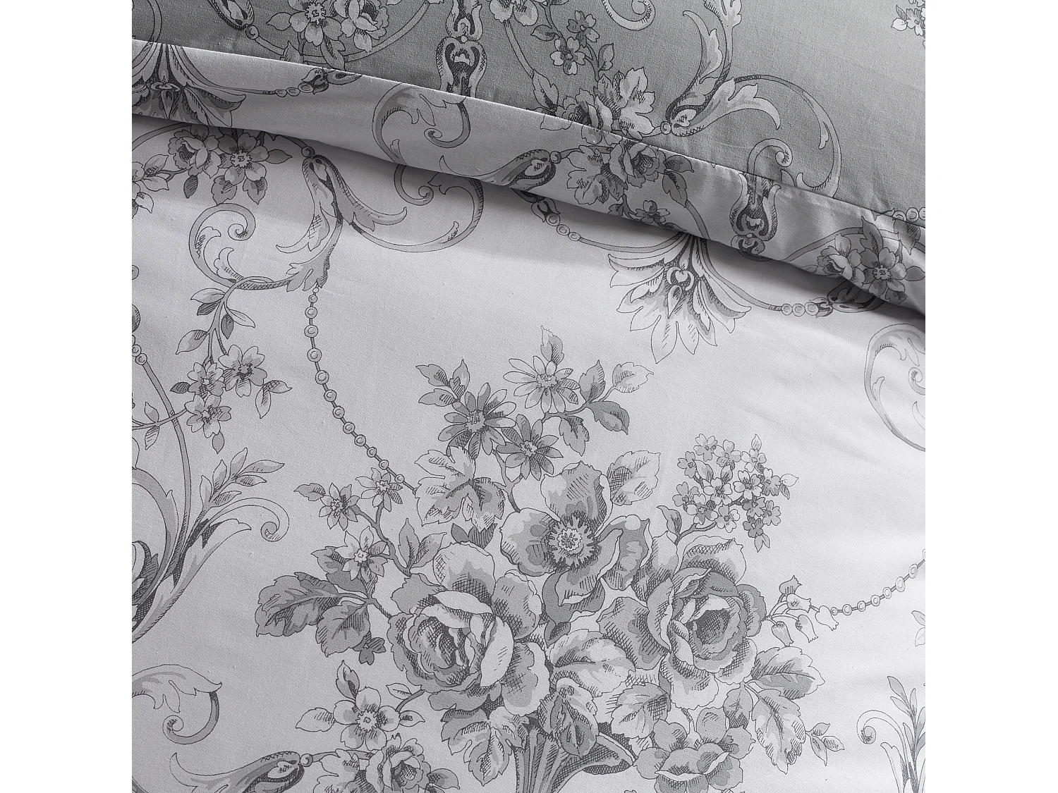 Catherine Lansfield Antoinette Damask Reversible Super King Duvet Cover Set with Pillowcases Grey