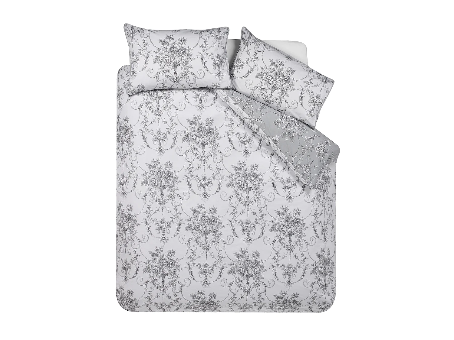 Catherine Lansfield Antoinette Damask Reversible Super King Duvet Cover Set with Pillowcases Grey