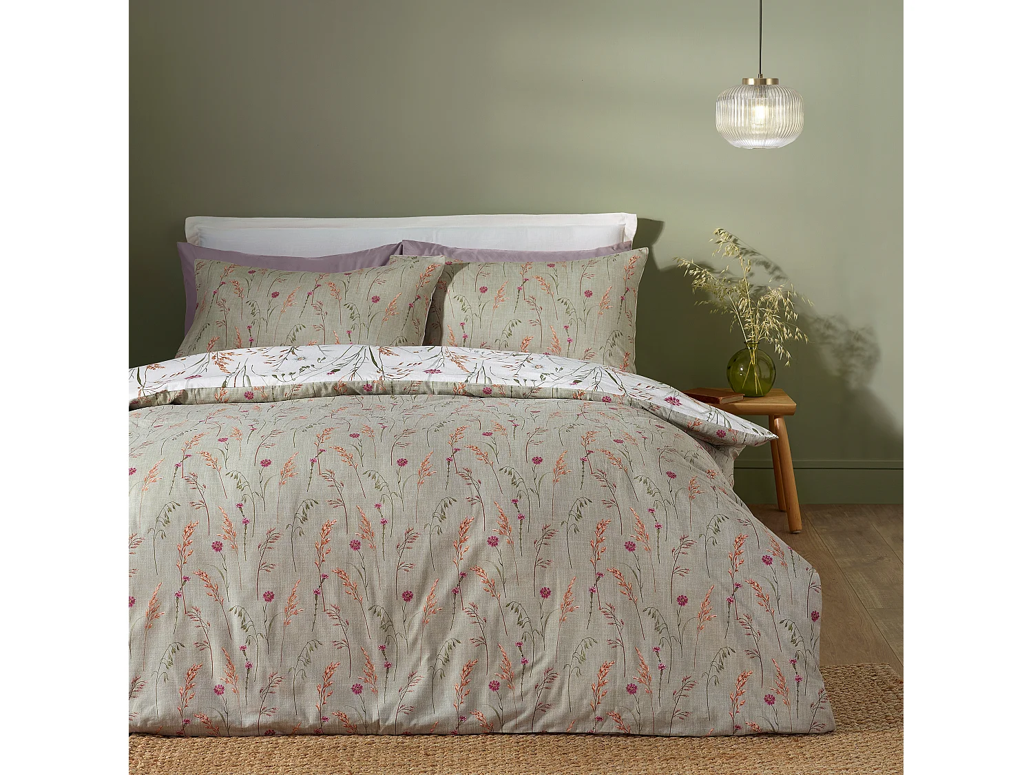 Catherine Lansfield Brushed Cotton Grasmere Floral Reversible Single Duvet Cover Set with Pillowcase Green