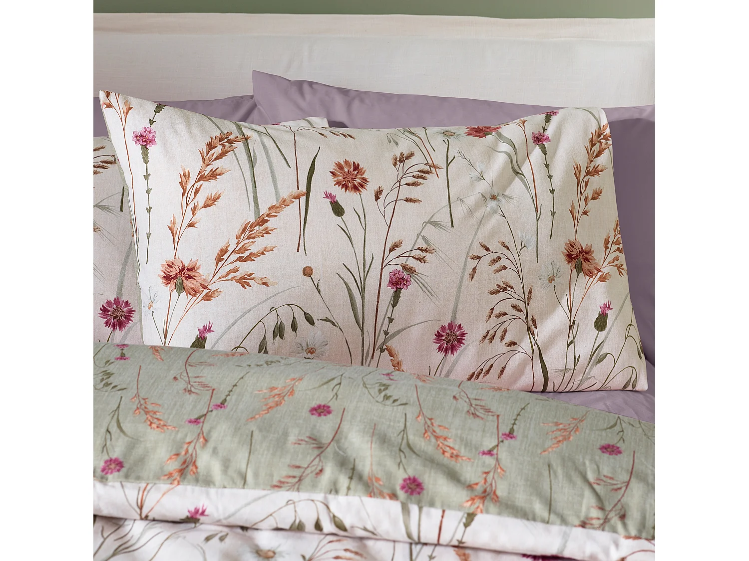 Catherine Lansfield Brushed Cotton Grasmere Floral Reversible Single Duvet Cover Set with Pillowcase Green
