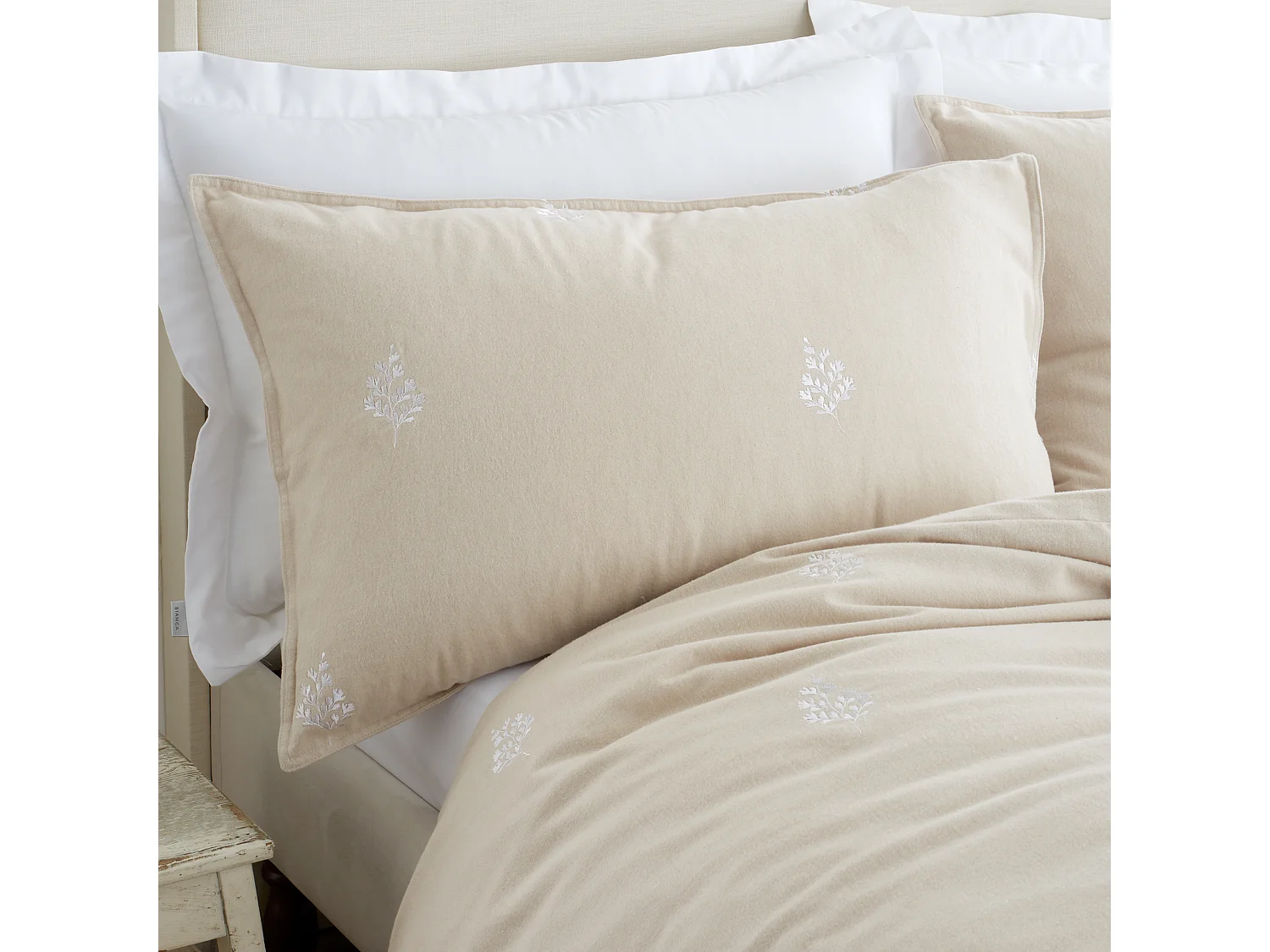 Bianca Fine Linens Brushed Cotton Embroidery Leaf Single Duvet Cover Set with Pillowcase Natural