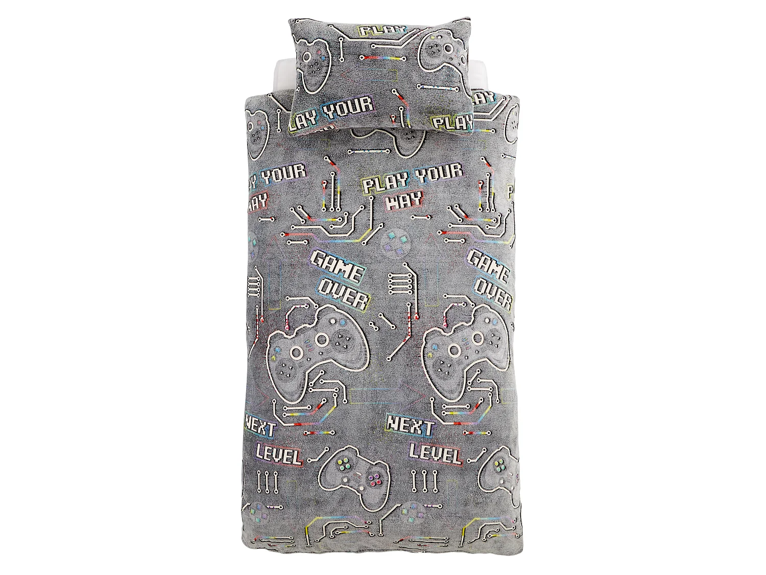 Catherine Lansfield Game Over Glow in the Dark Fleece Double Duvet Cover Set with Pillowcases Black