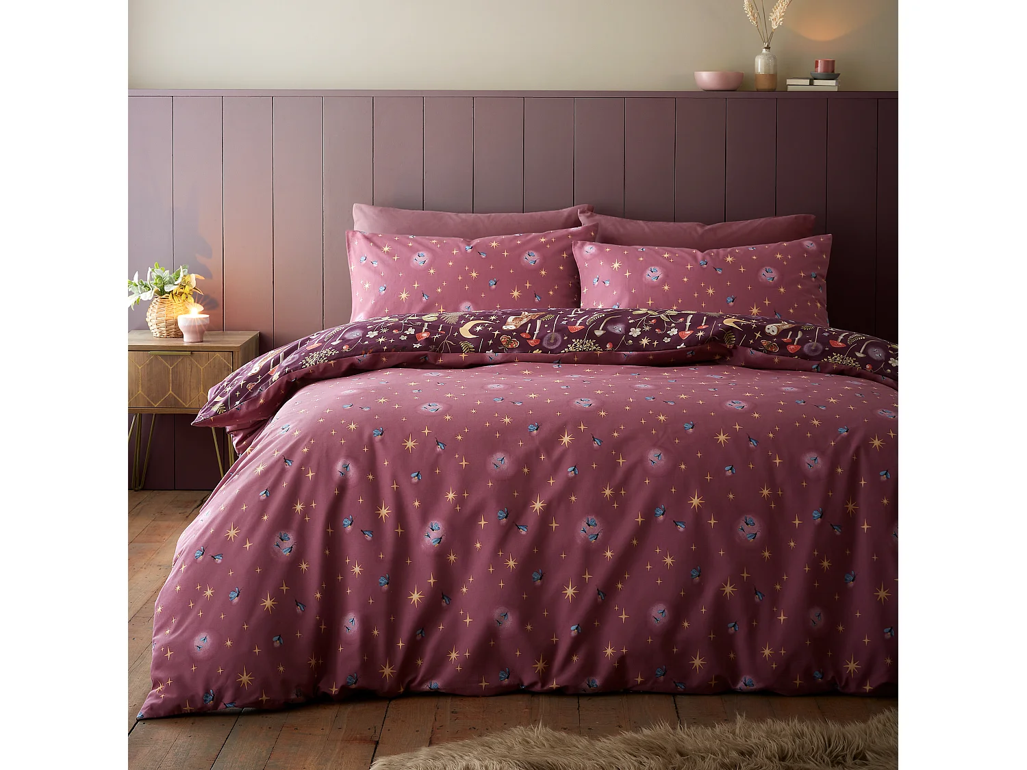 Enchanted Twilight Animals Reversible King Duvet Cover Set with Pillowcases Plum