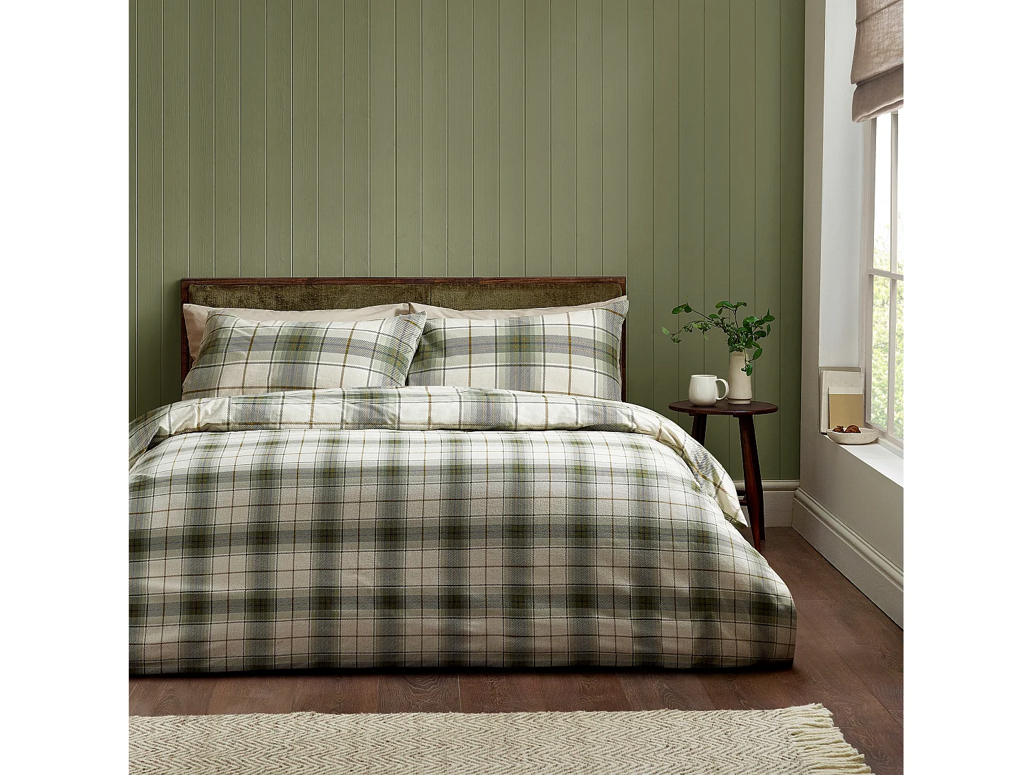 Catherine Lansfield Brushed Cotton Troon Check Double Duvet Cover Set with Pillowcases Green