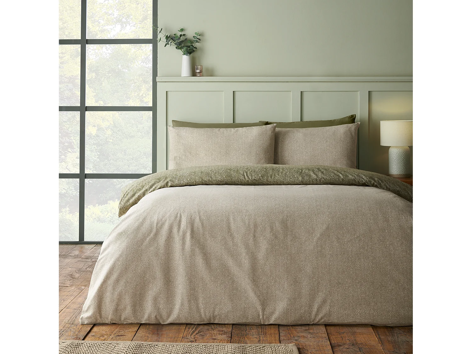 Catherine Lansfield Brushed Cotton Herringbone Reversible Double Duvet Cover Set with Pillowcases Green