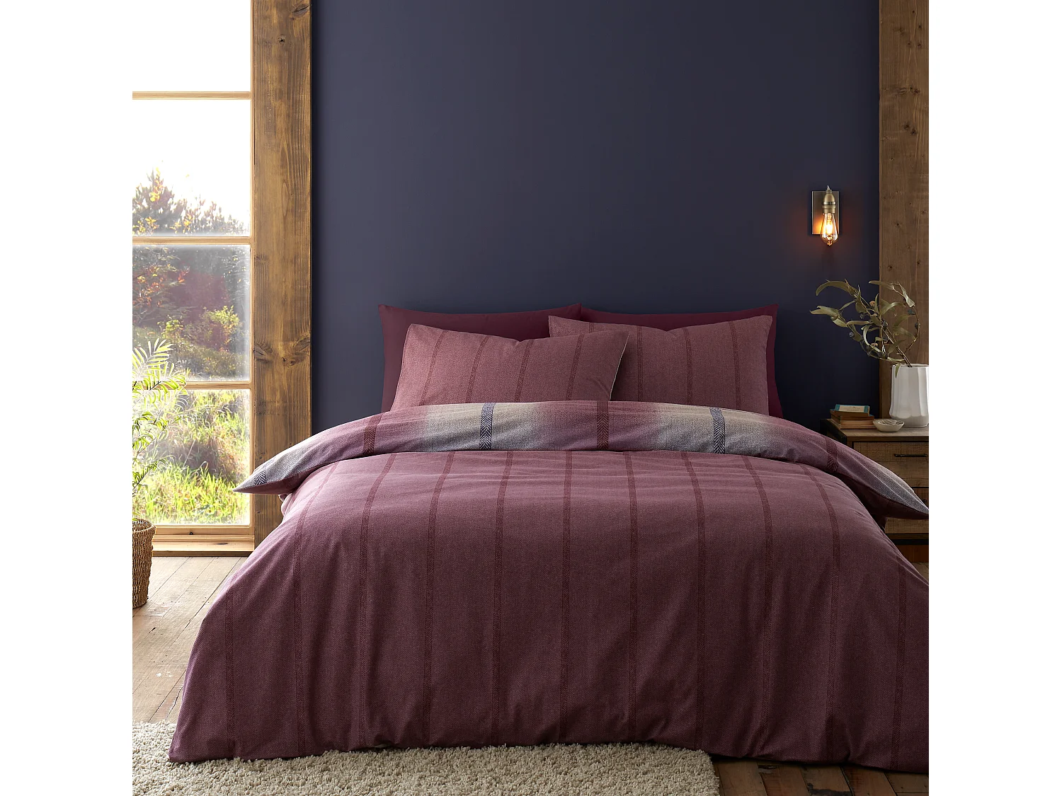 Catherine Lansfield Brushed Cotton Melrose Tweed Check Reversible Single Duvet Cover Set with Pillowcase Plum