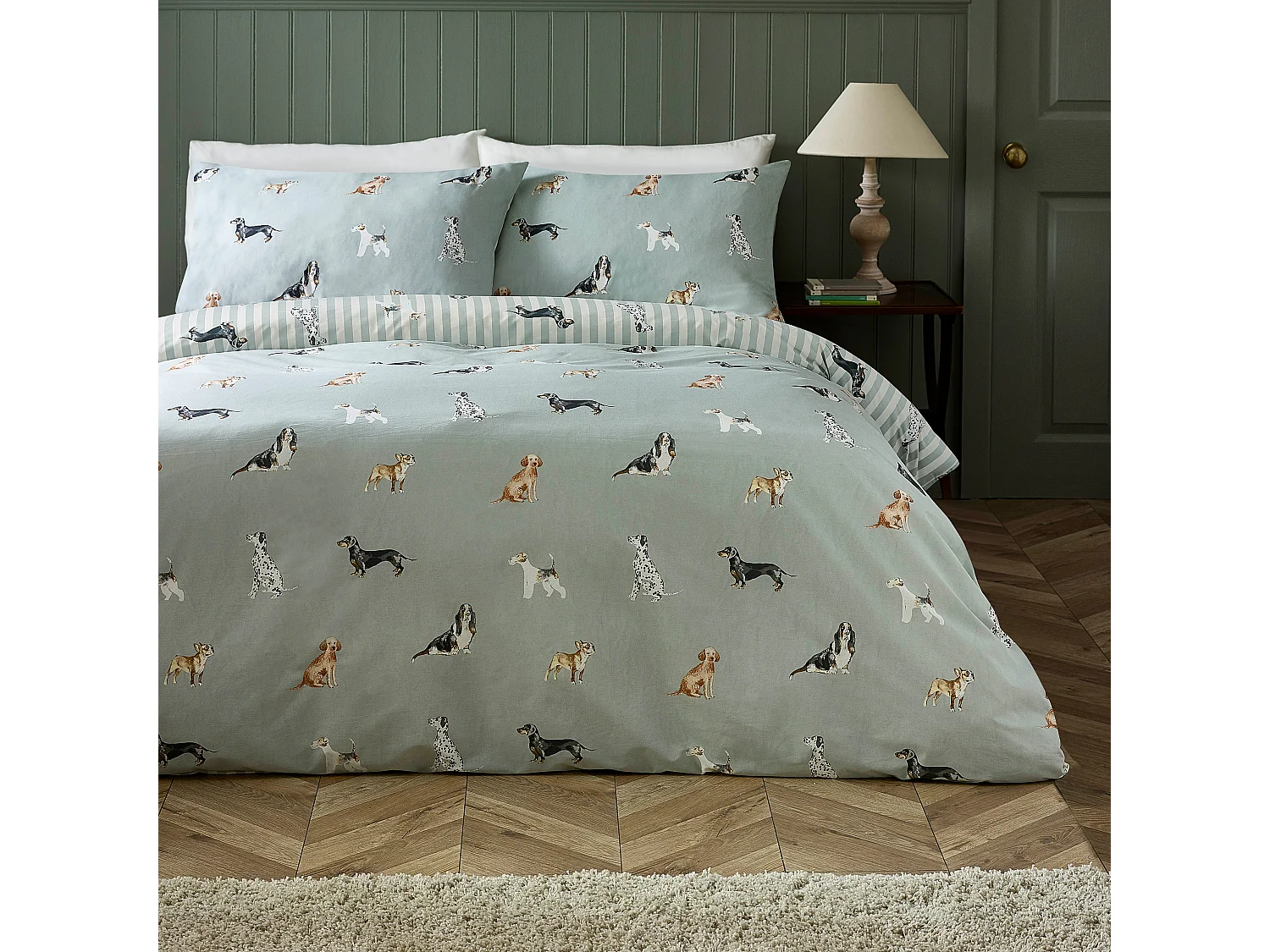 Catherine Lansfield Dog Stripe Reversible Single Duvet Cover Set with Pillowcase Green