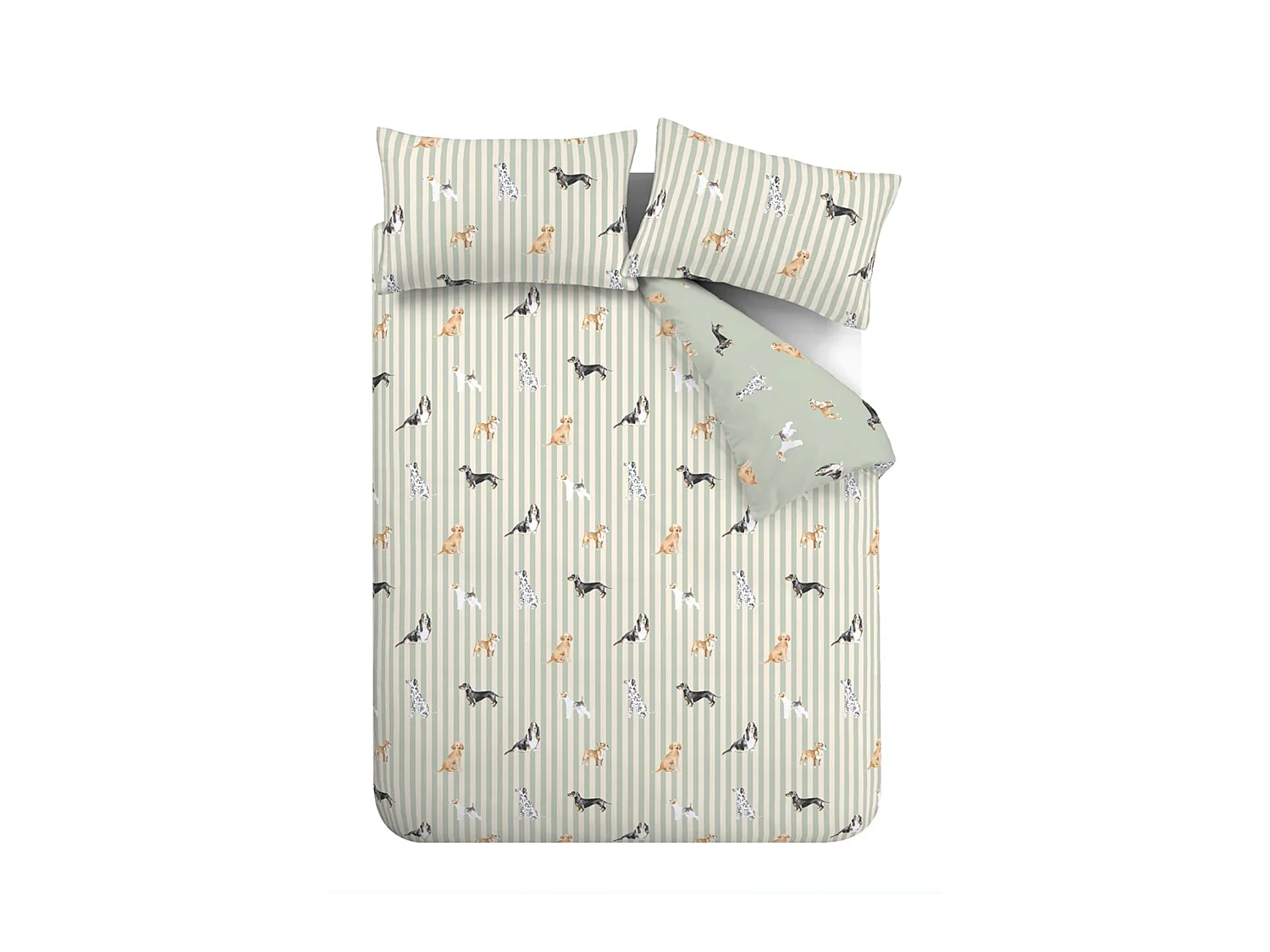 Catherine Lansfield Dog Stripe Reversible Single Duvet Cover Set with Pillowcase Green
