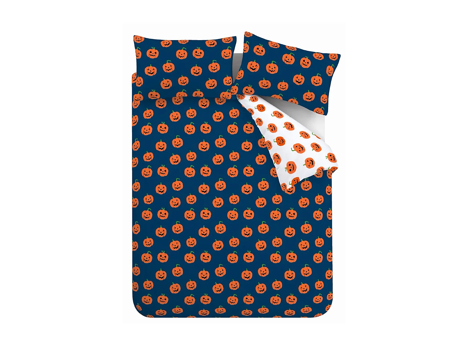 Catherine Lansfield Halloween Pumpkins Reversible Double Duvet Cover Set with Pillowcases Navy Blue