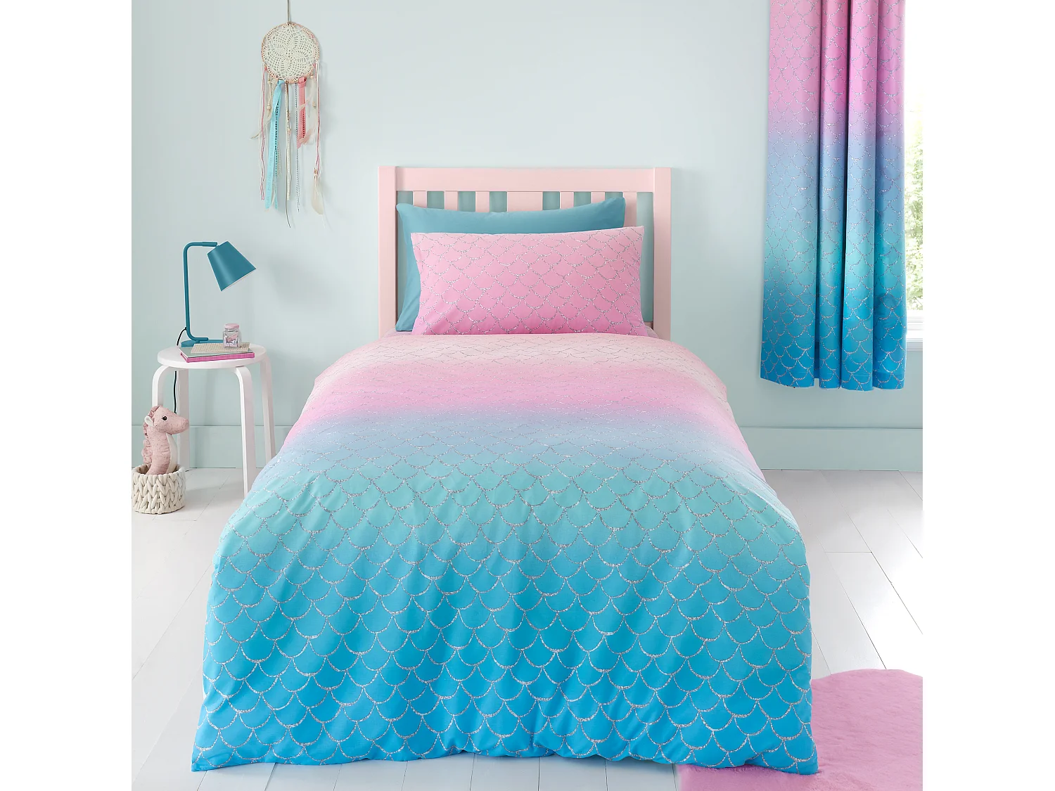 Catherine Lansfield Mermaid Reversible Single Duvet Cover Set with Pillowcase Blue