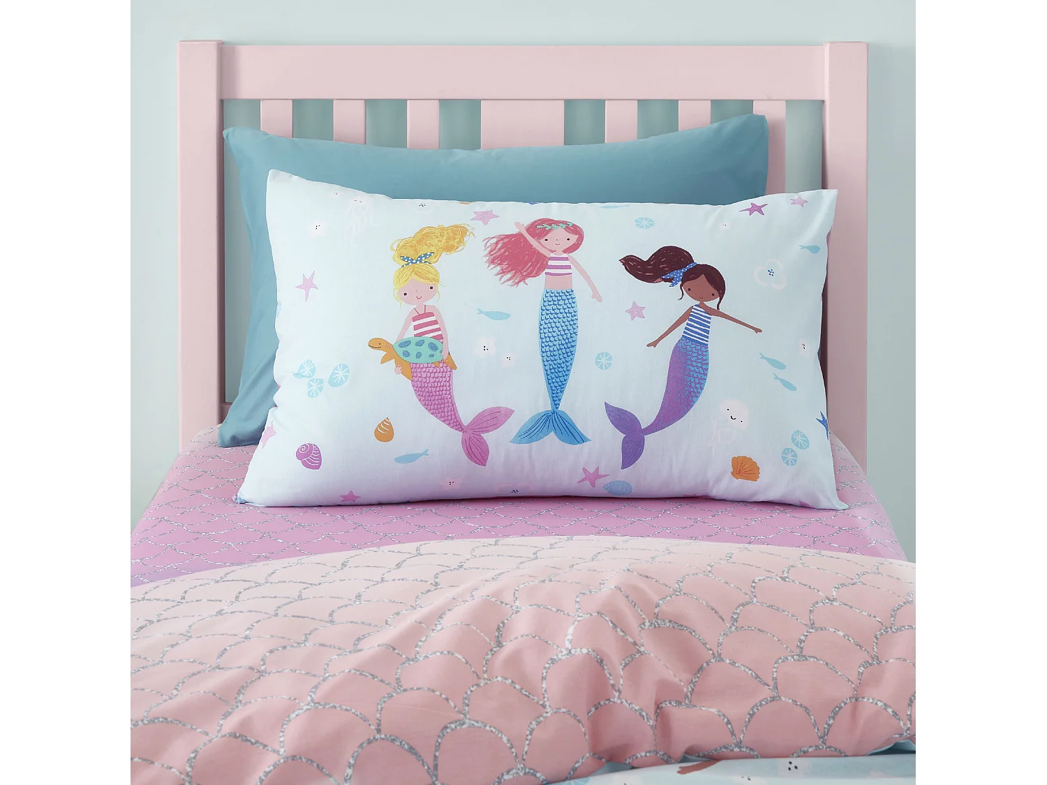 Catherine Lansfield Mermaid Reversible Single Duvet Cover Set with Pillowcase Blue