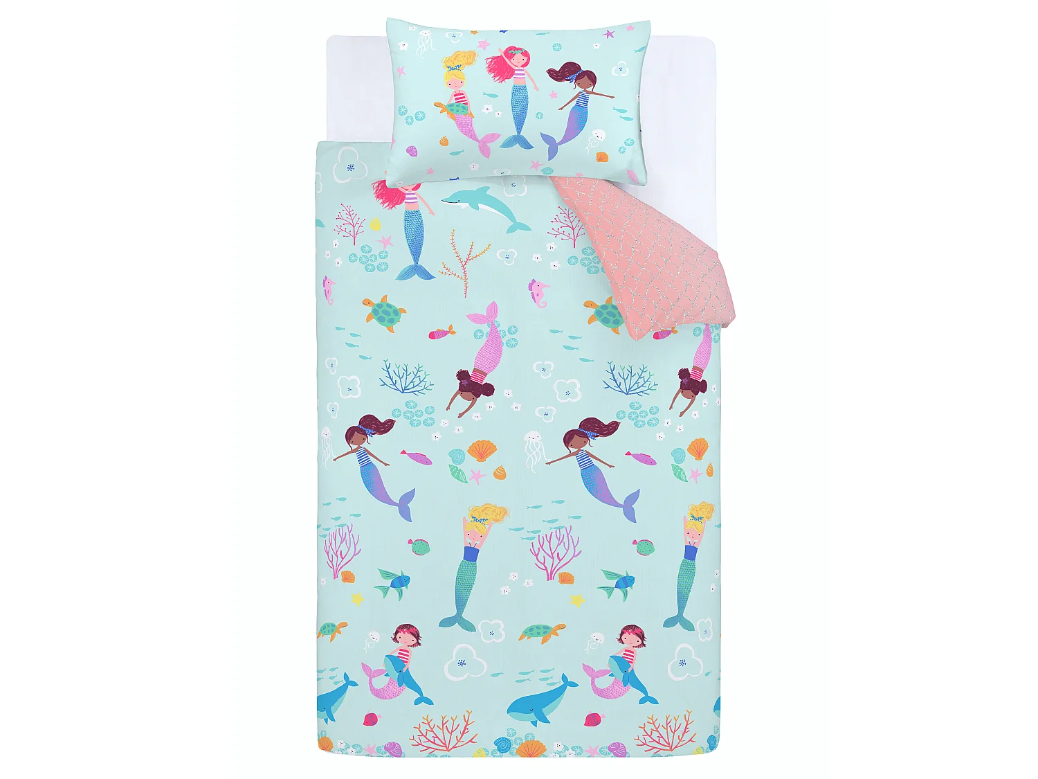 Catherine Lansfield Mermaid Reversible Single Duvet Cover Set with Pillowcase Blue