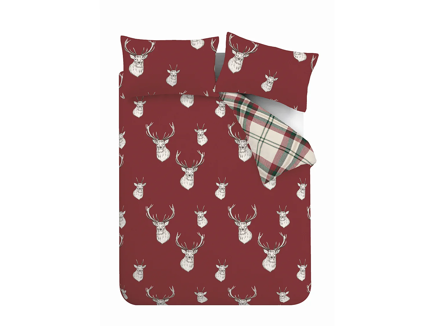 Catherine Lansfield Munro Stag Check Reversible Double Duvet Cover Set with Pillowcases Red