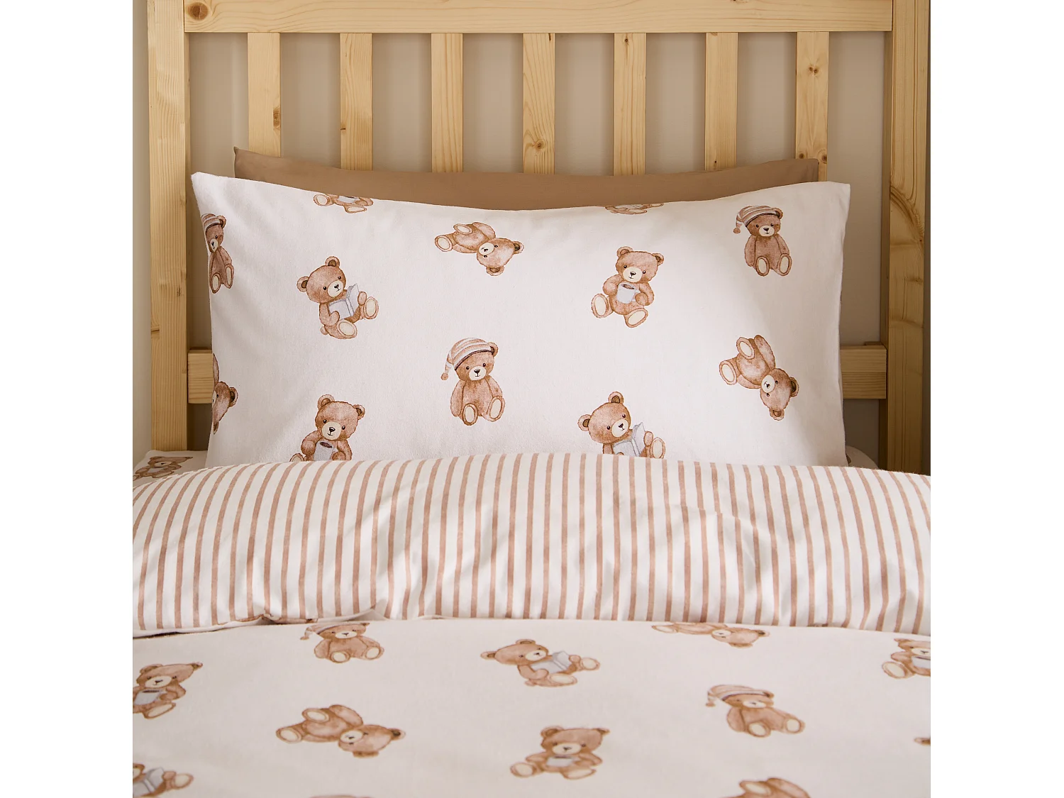 Catherine Lansfield Brushed Cotton Teddy Bear Reversible Junior Duvet Cover Set with Pillowcase Cream