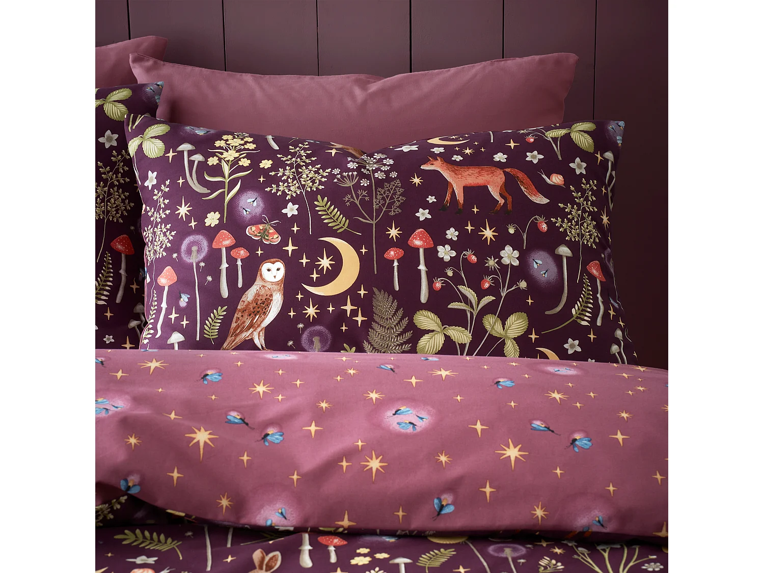 Enchanted Twilight Animals Reversible Single Duvet Cover Set with Pillowcase Plum