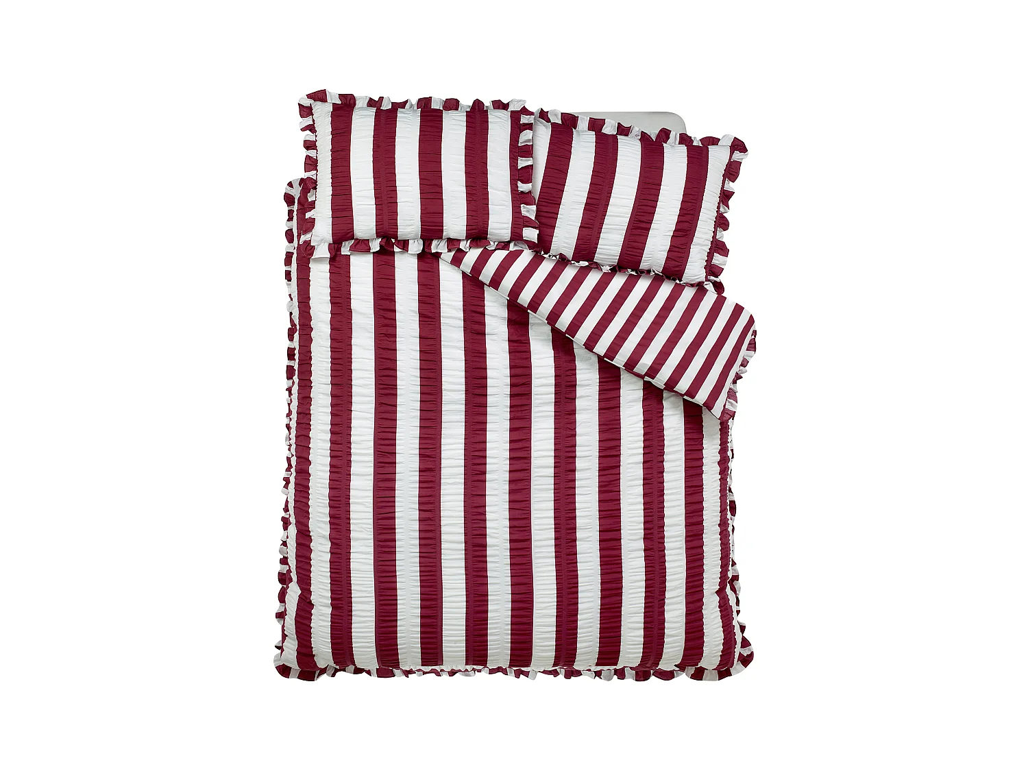 Catherine Lansfield Seersucker Frill Stripe Single Duvet Cover Set with Pillowcase Plum