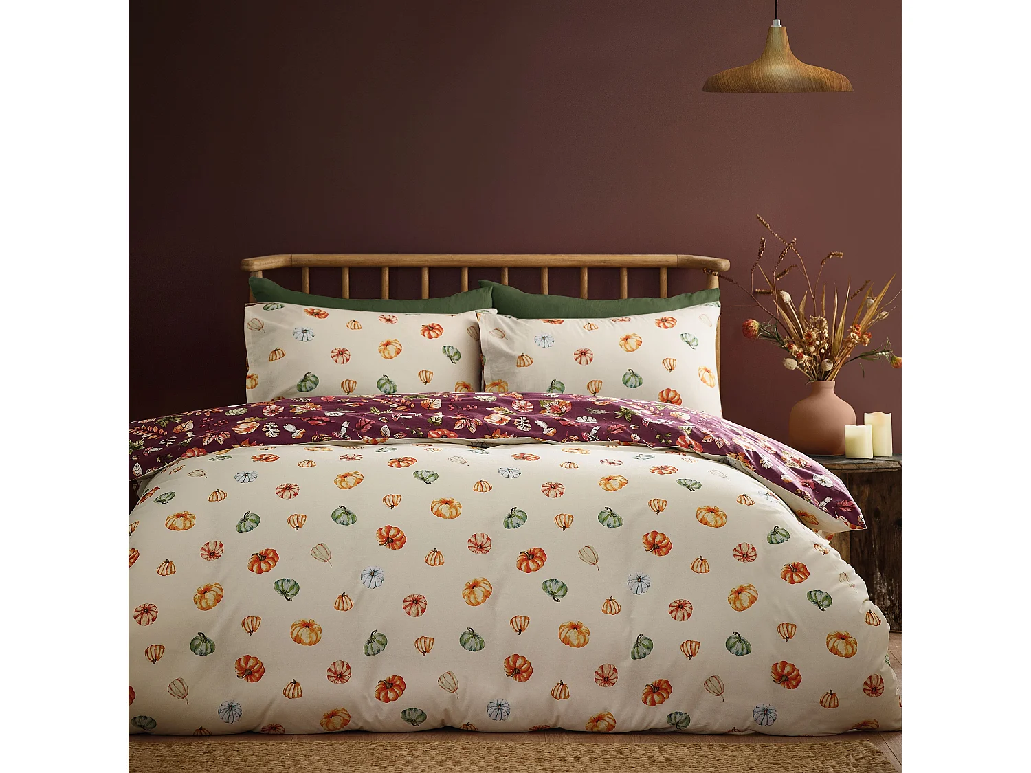 Catherine Lansfield Autumn Pumpkins Reversible Single Duvet Cover Set with Pillowcase Plum