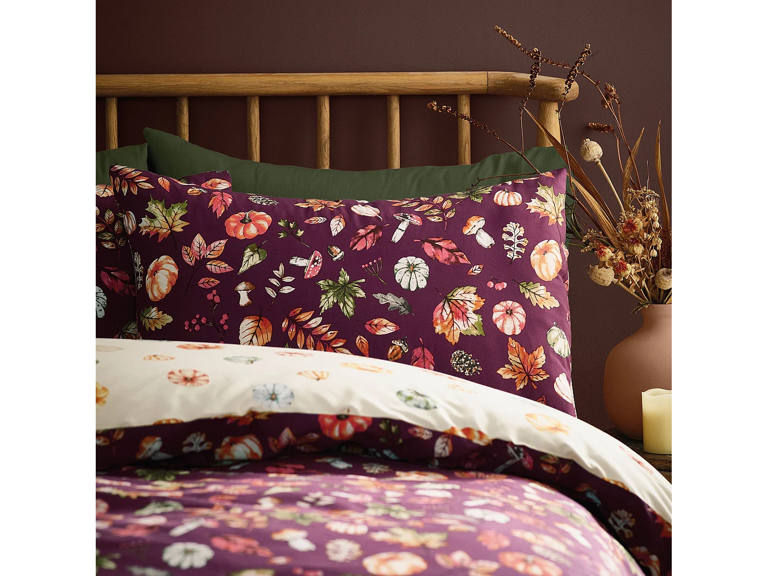 Catherine Lansfield Autumn Pumpkins Reversible King Duvet Cover Set with Pillowcases Plum