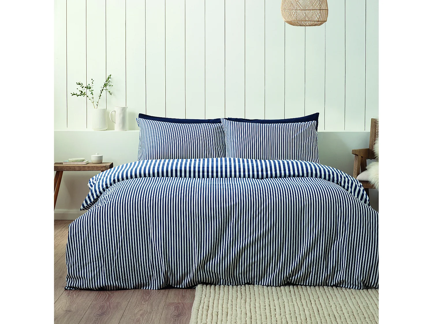 Catherine Lansfield Brushed Cotton Stripe Reversible King Duvet Cover Set with Pillowcases Navy Blue