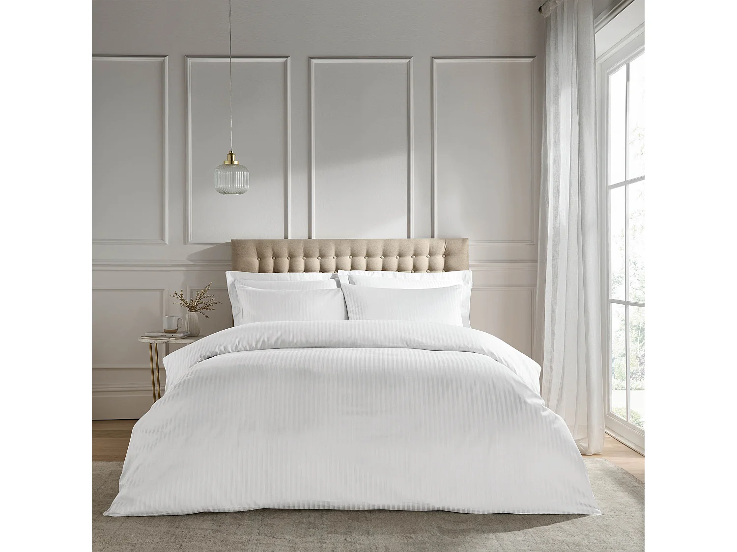 Catherine Lansfield 300 Thread Count Satin Stripe Single Fitted Sheet White