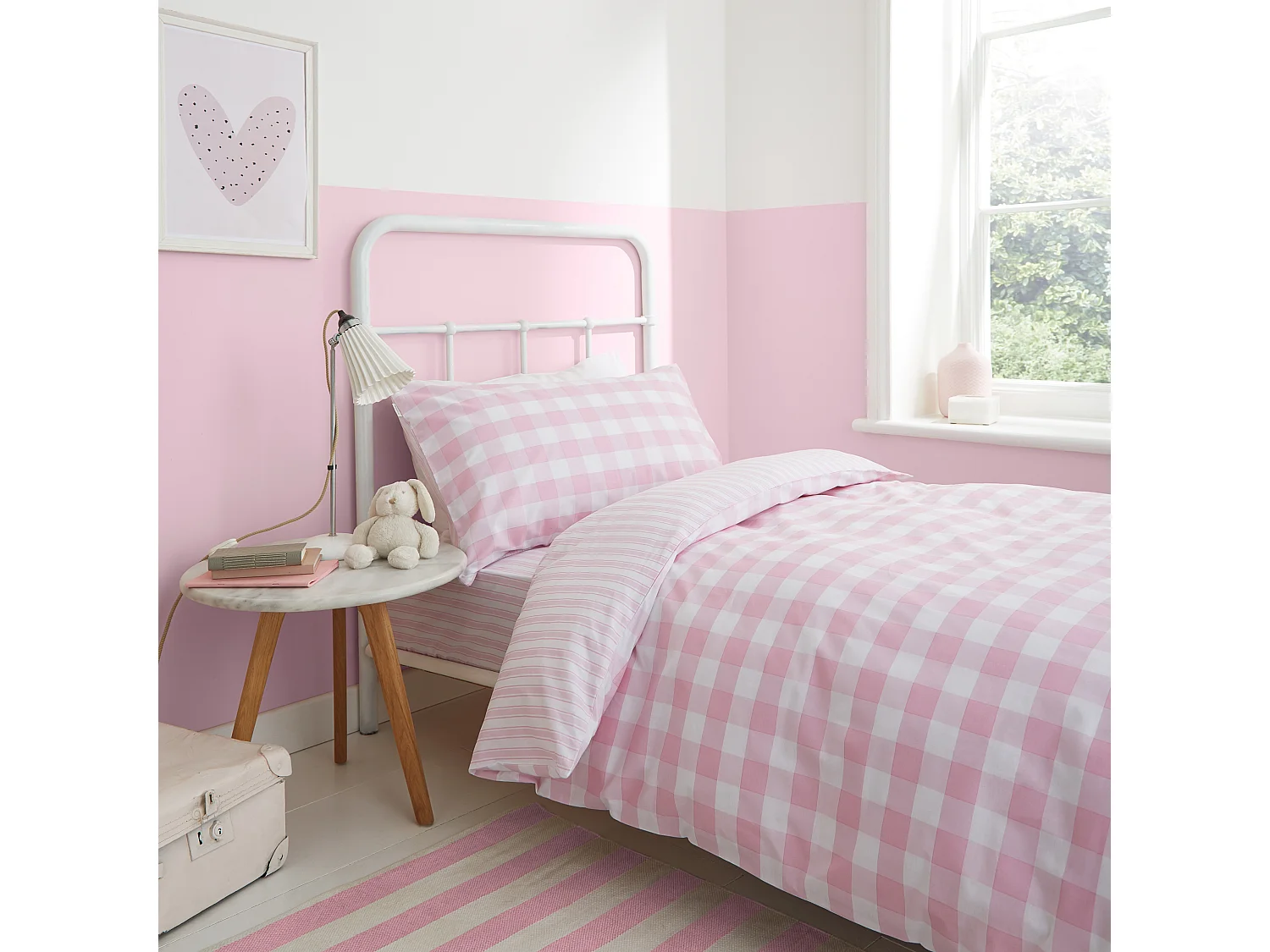 Bianca Fine Linens Check and Stripe Cotton Single Fitted Sheet White Pink