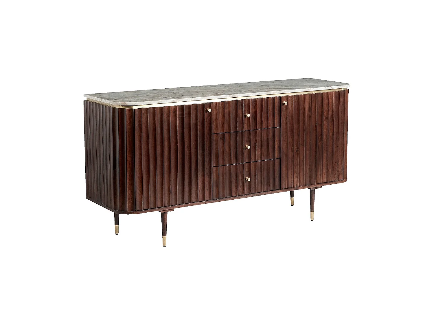 Habitat - Buffet 2 portes et 3 tiroirs en bois massif avec plateau en marbre - Naturel foncé - Hector