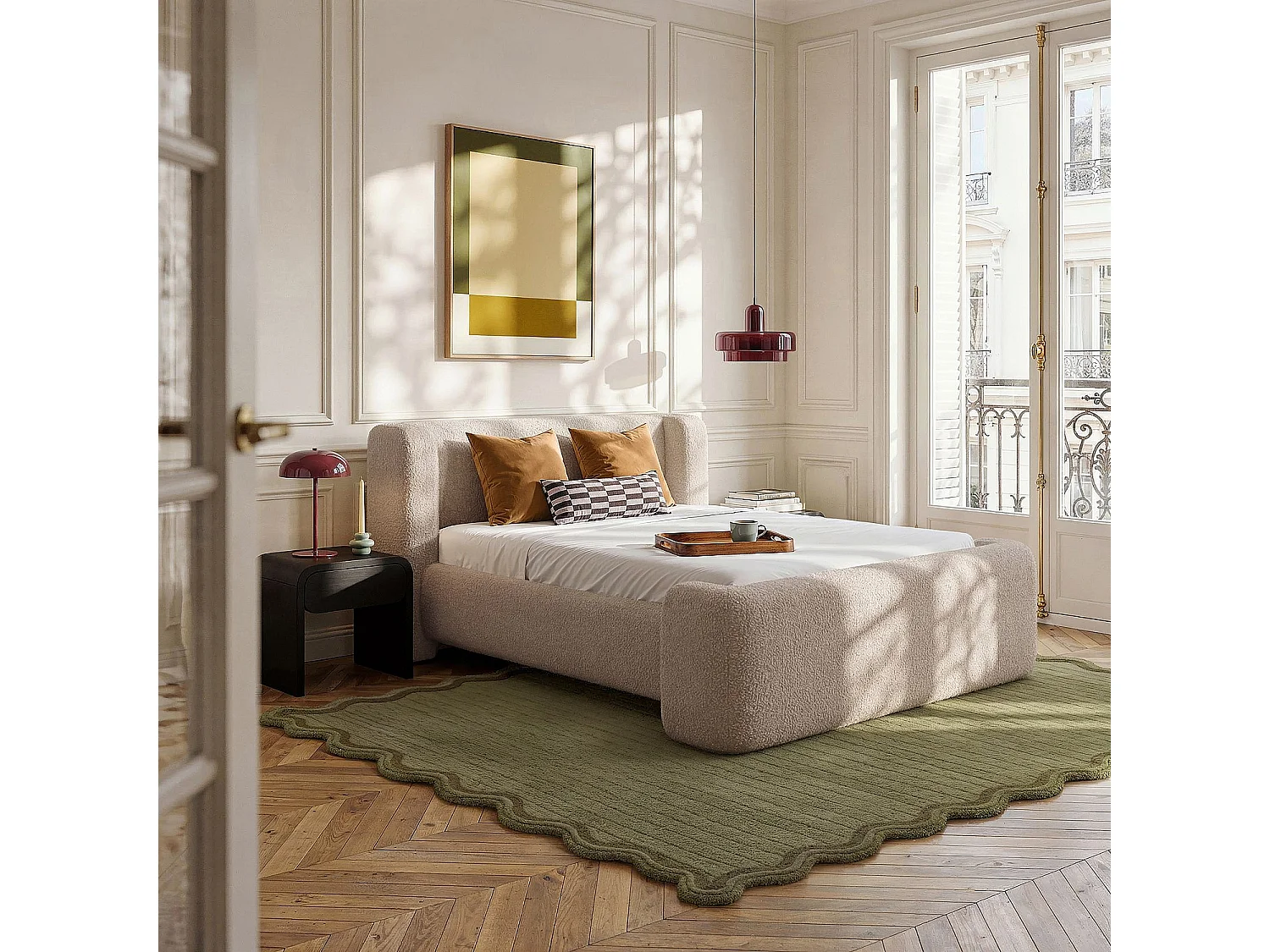 Habitat - Ensemble lit 160 x 200 cm en tissu bouclette et matelas Hybride Excellence - Grège - Olbia