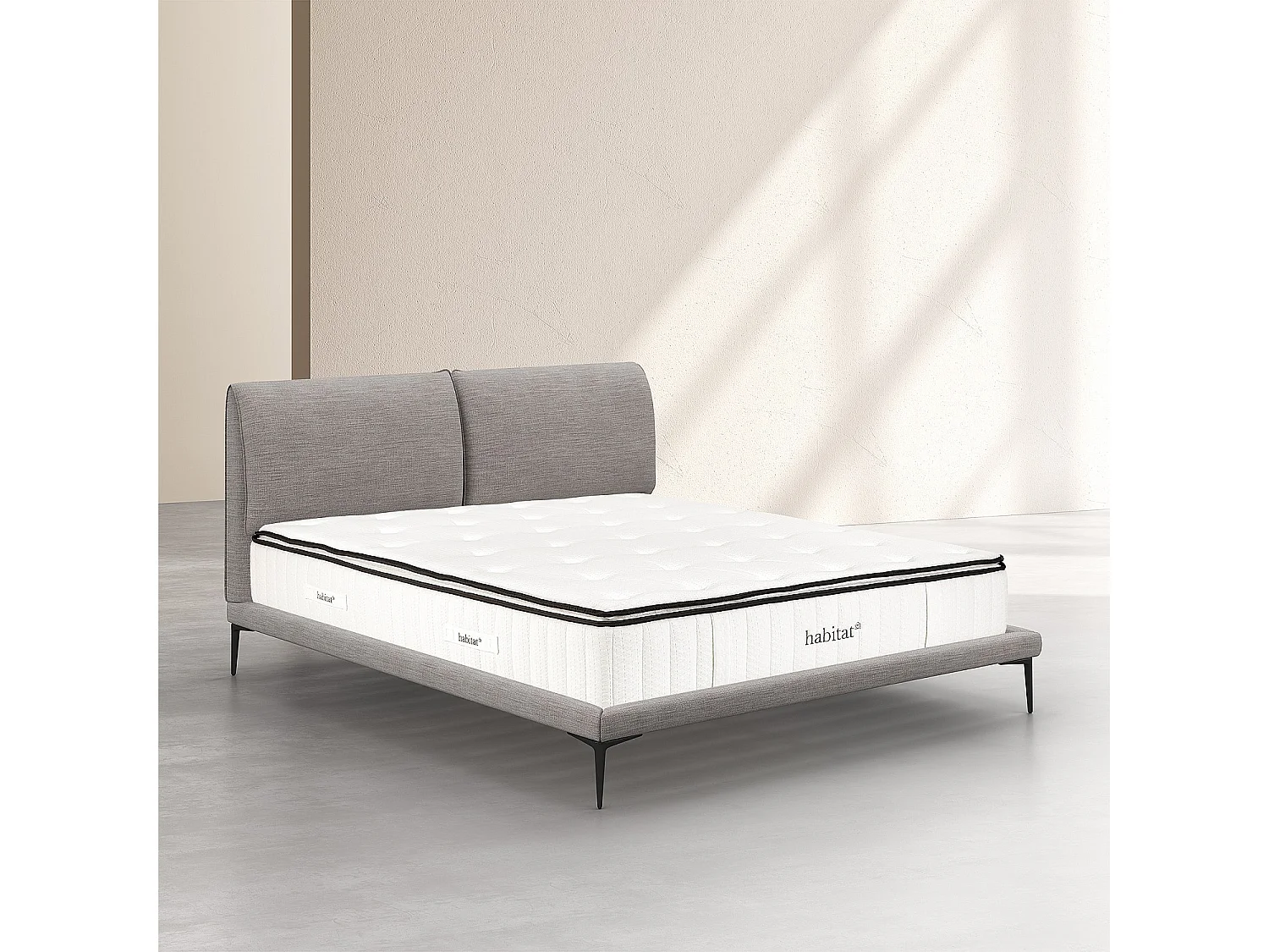 Habitat - Ensemble lit 160 x 200 cm en tissu et matelas Hybride Excellence - Gris perle - Softy