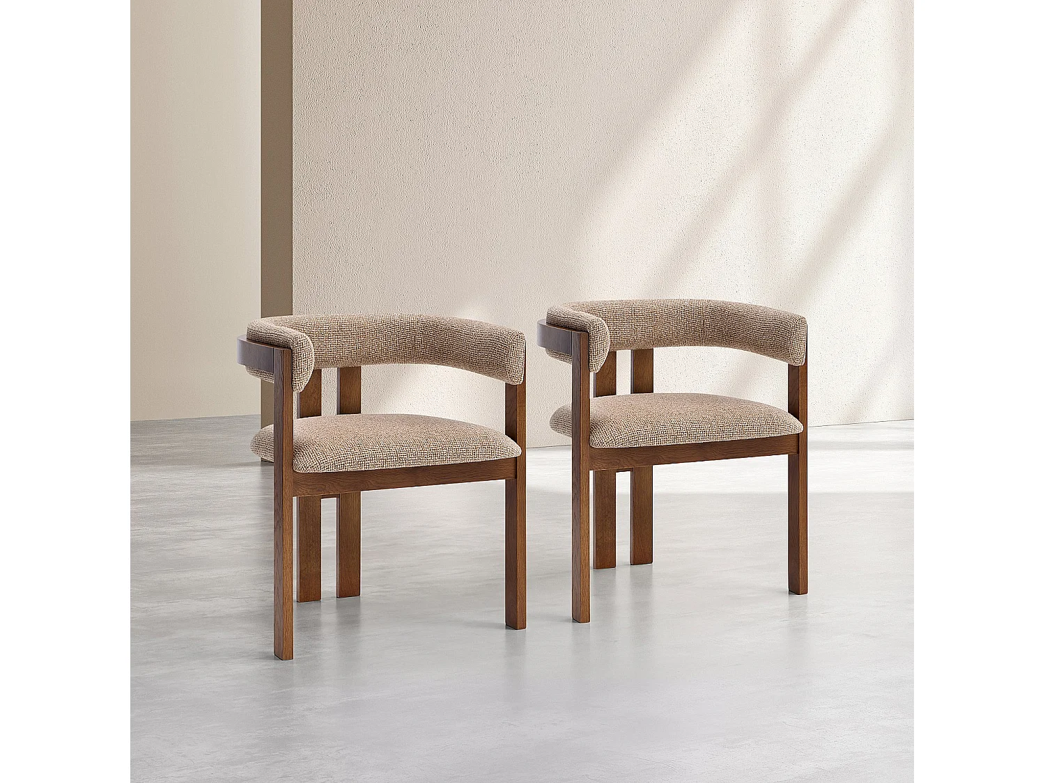 Habitat - Lot de 2 chaises en tissu texturé et noyer massif avec accoudoirs - Beige sable mélangé - Dalya