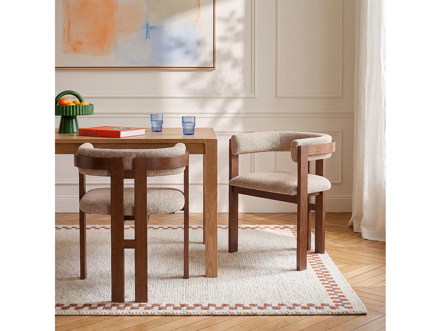 Habitat - Lot de 2 chaises en tissu texturé et noyer massif avec accoudoirs - Beige sable mélangé - Dalya